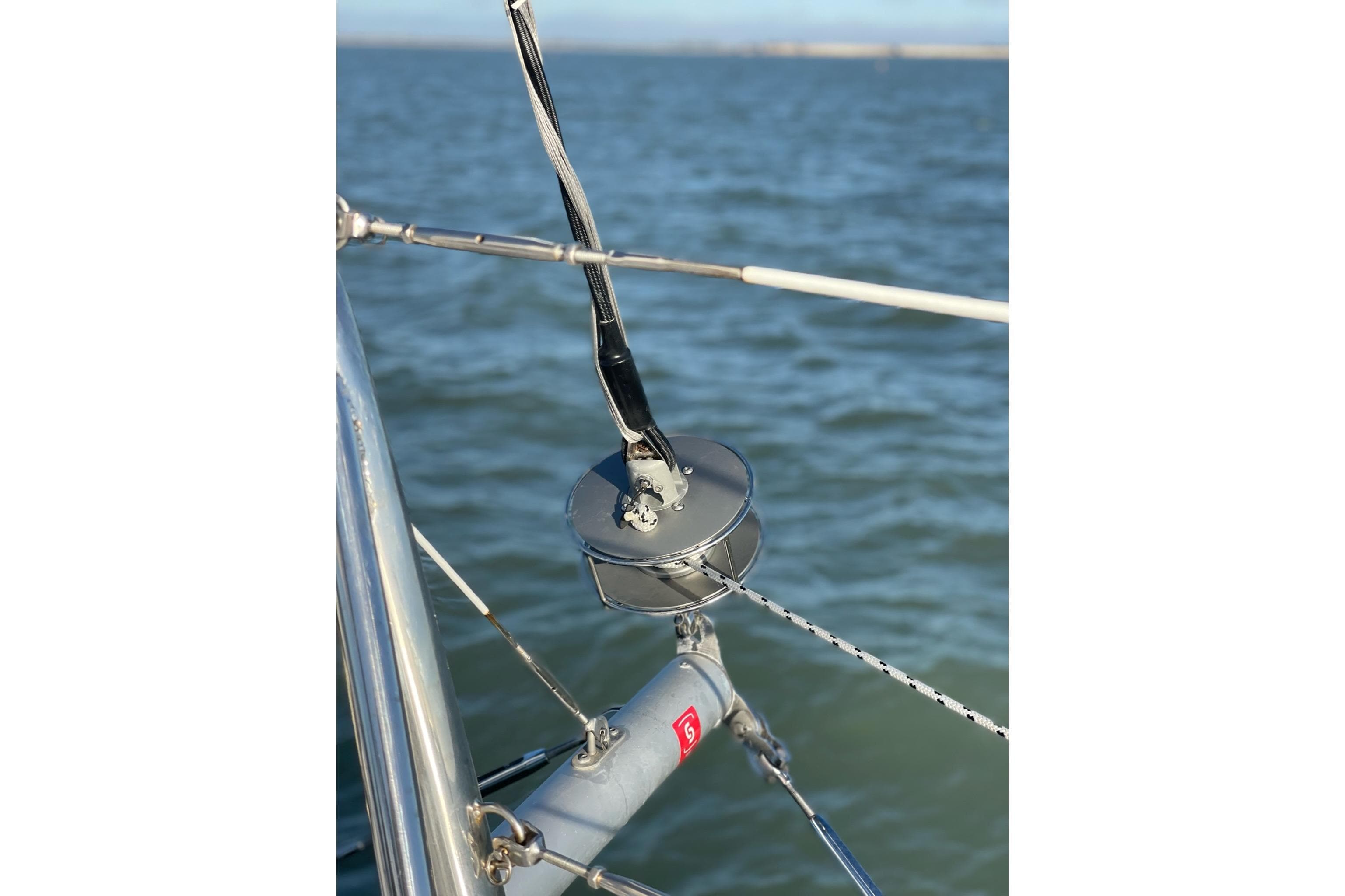 Close-up of a 2022 Bali CATSPACE yacht's rigging over the ocean.