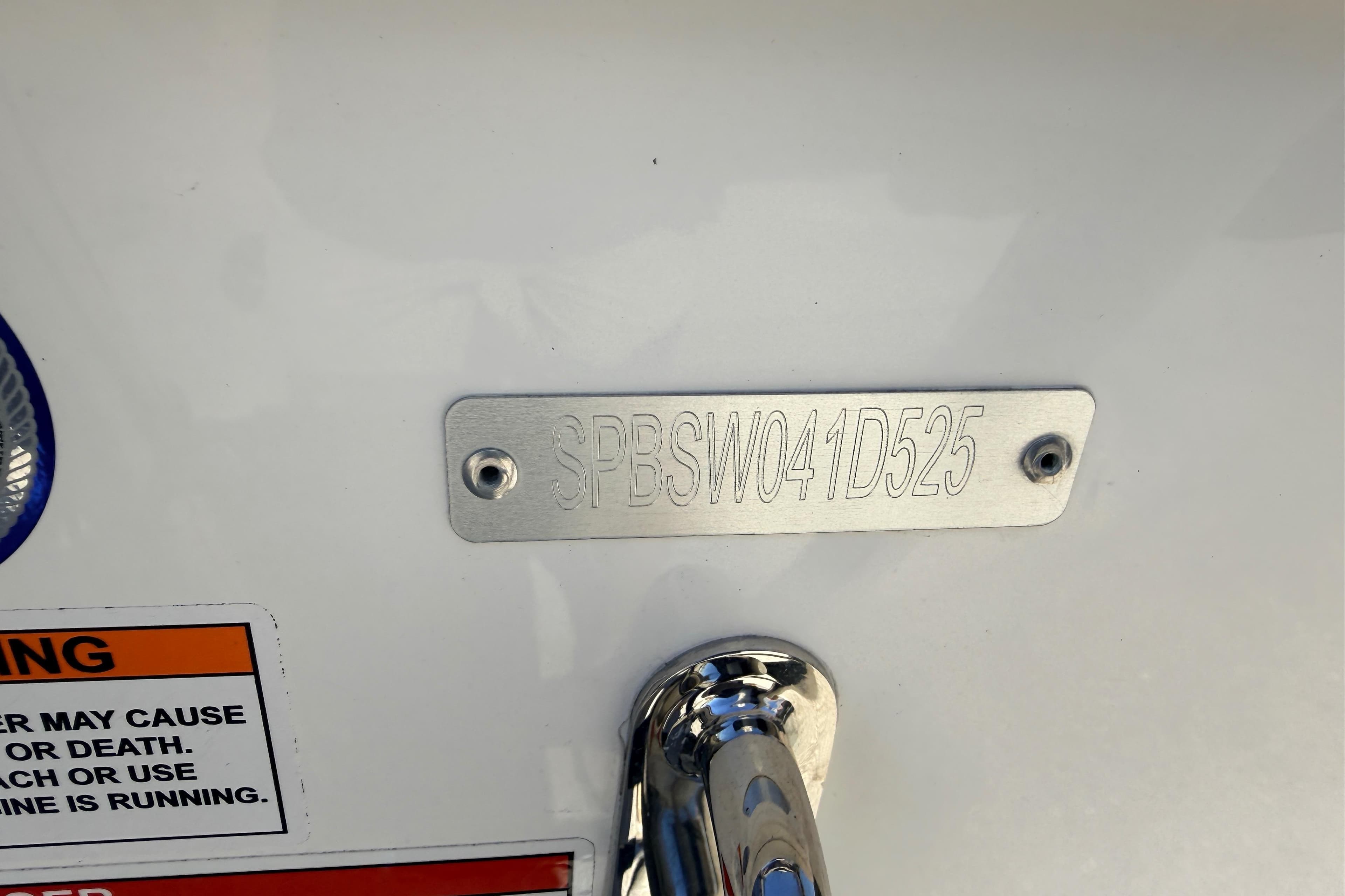 2025 Sea Pro 225FLX Sandbar boat identification plate with warning label.