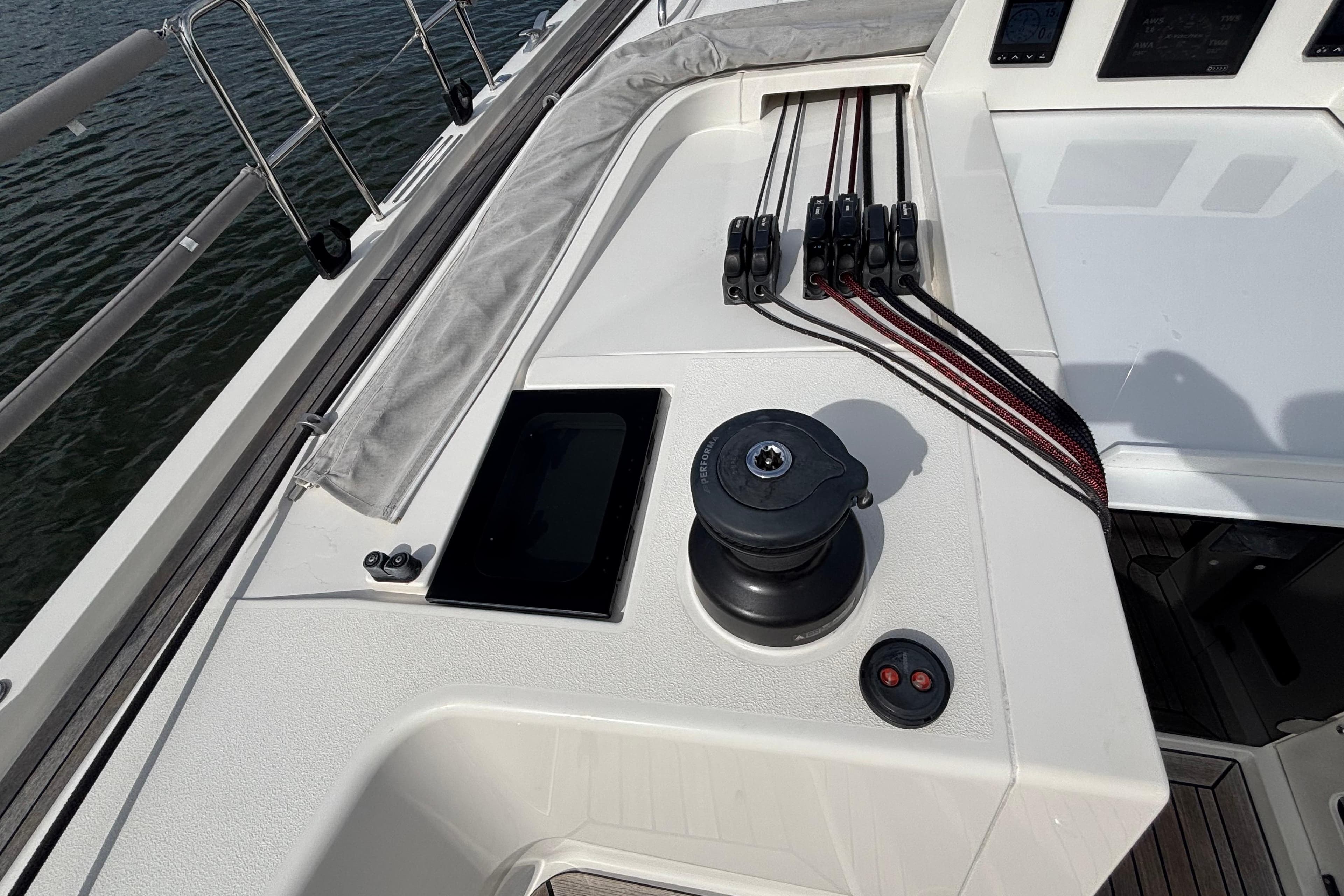 2023 X-Yachts X4³ MkII yacht deck with winch and control panel.