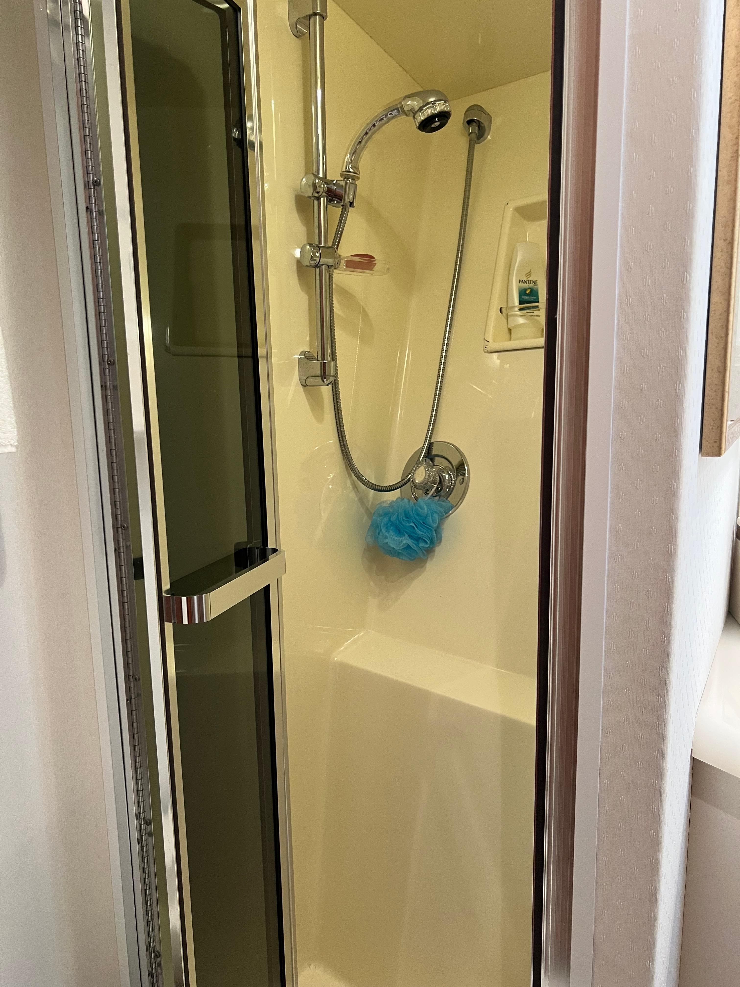Shower area inside a 1995 Viking Sports Yacht, featuring a handheld showerhead and glass door.
