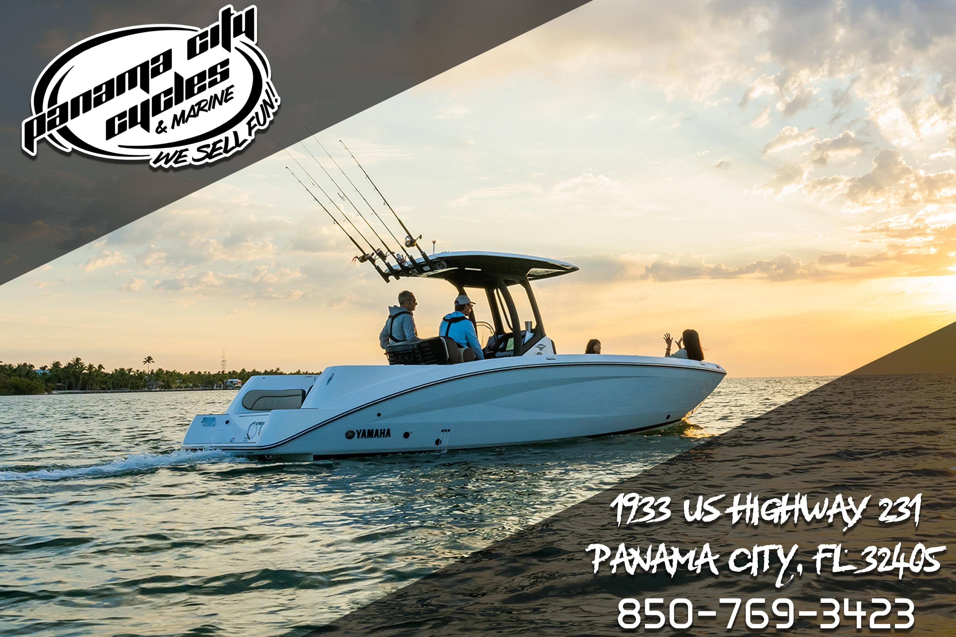 2025 Yamaha Boats 222 FSH Sport cruising at sunset, Panama City Cycles contact details visible.