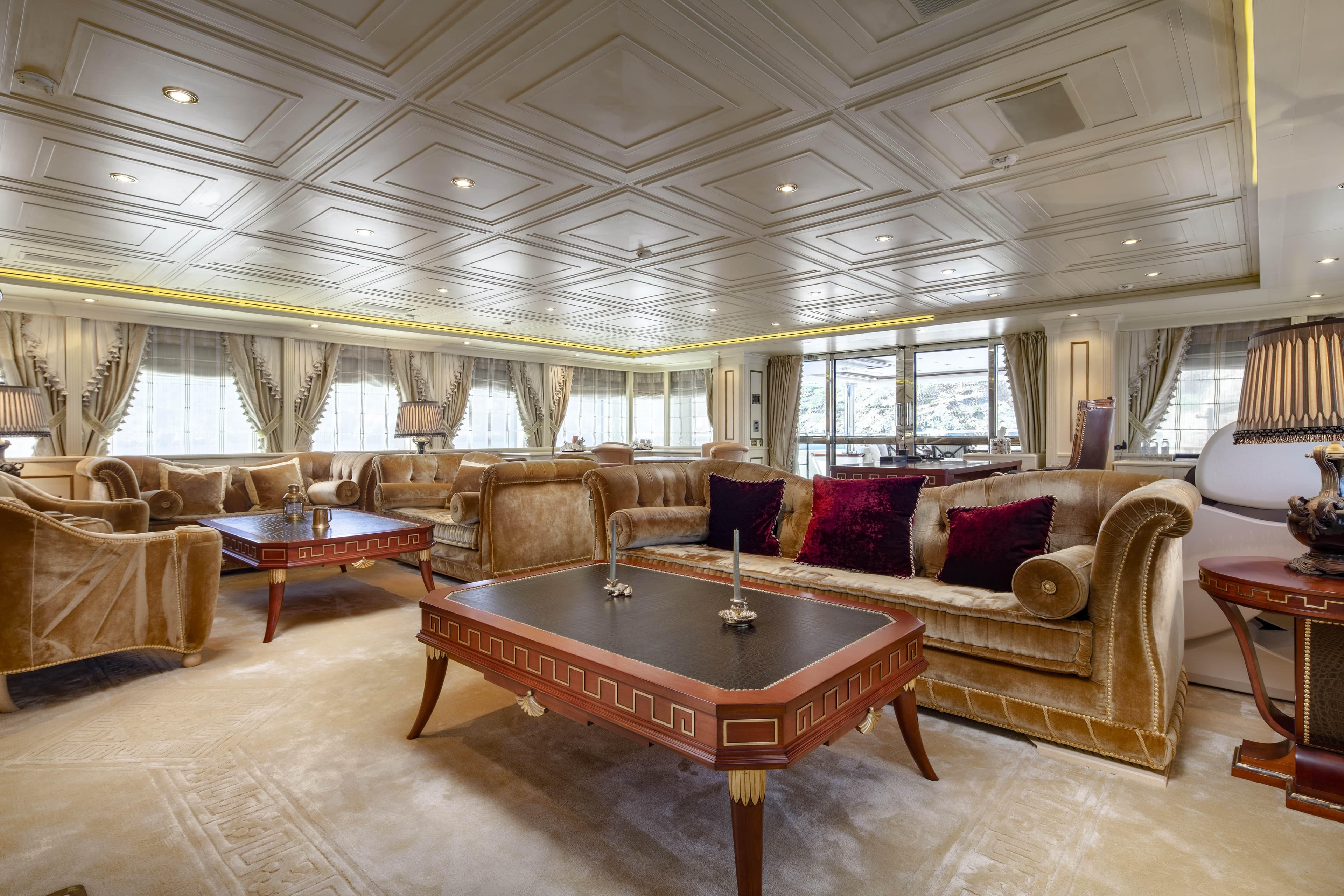 Luxurious yacht interior with elegant sofas and tables, CRN 185, 2008 model.