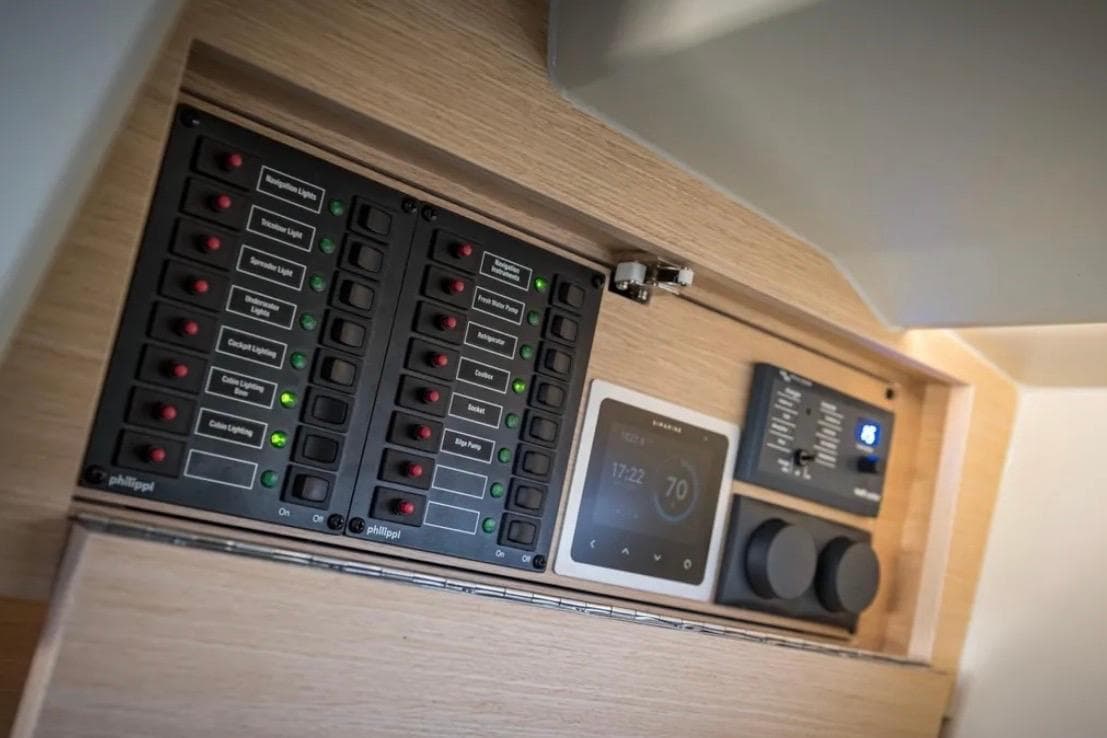 Control panel of 2025 Saffier 33 yacht with switches and digital display.