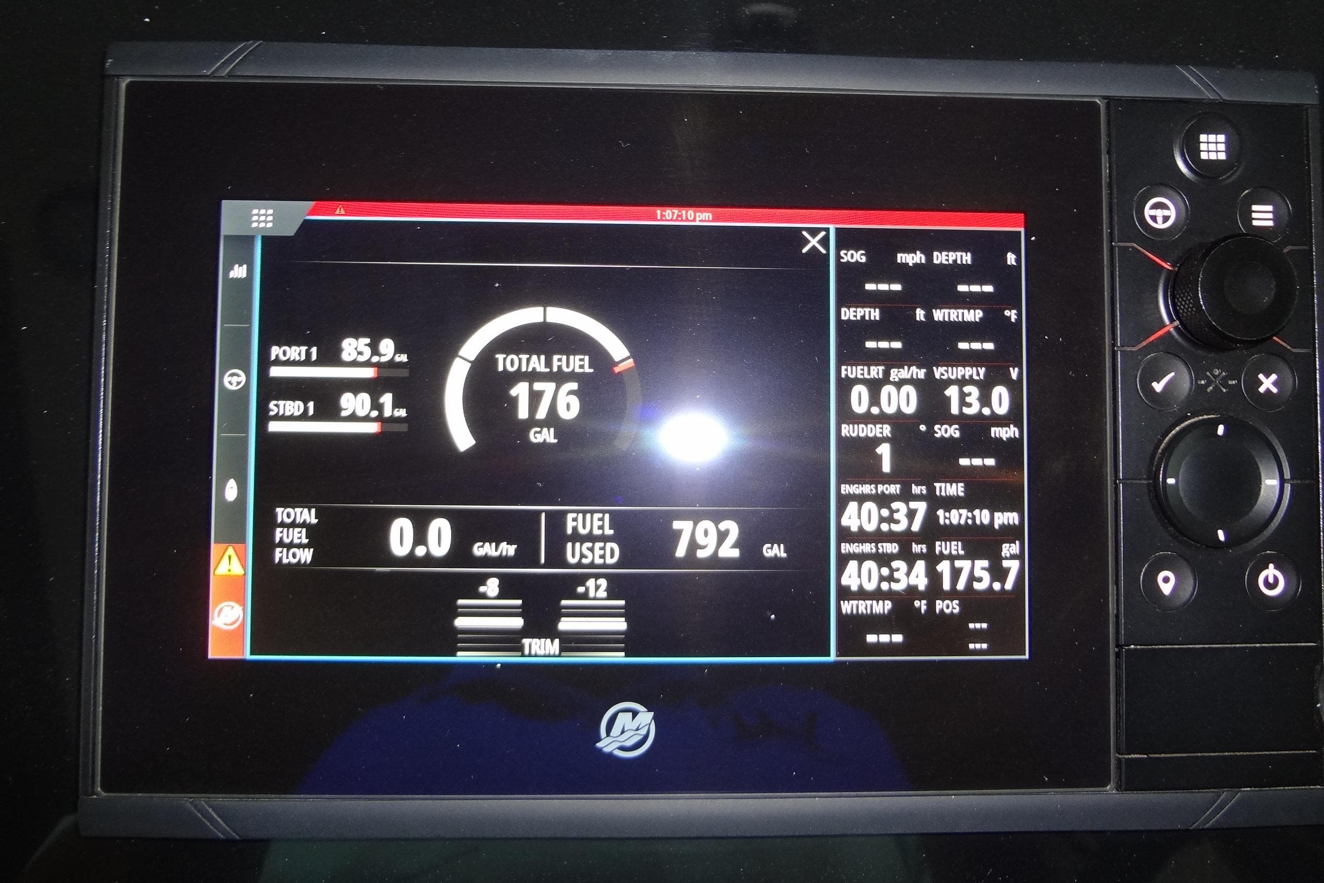 Dashboard display of 2023 Formula 380 Super Sport Crossover I/O showing fuel and engine data.