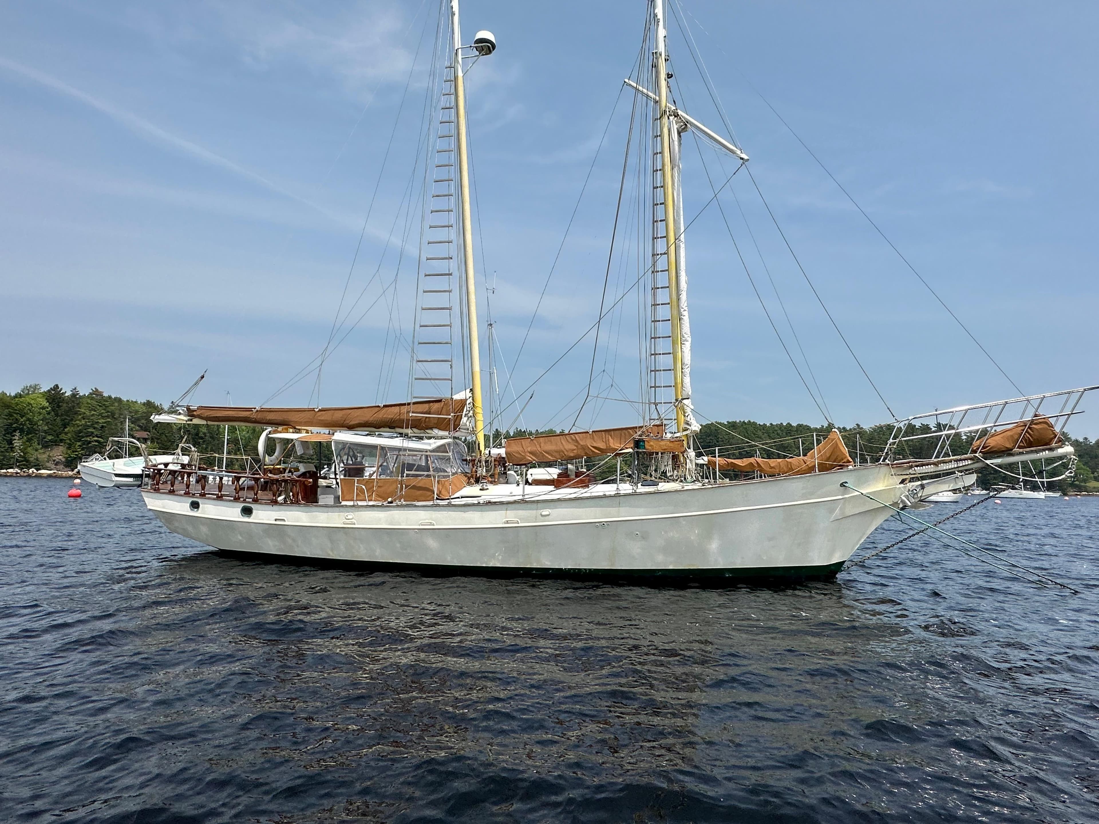 Sailing yacht Thomas Colvin "Pipistrelle" 1985 on calm water, clear sky background.