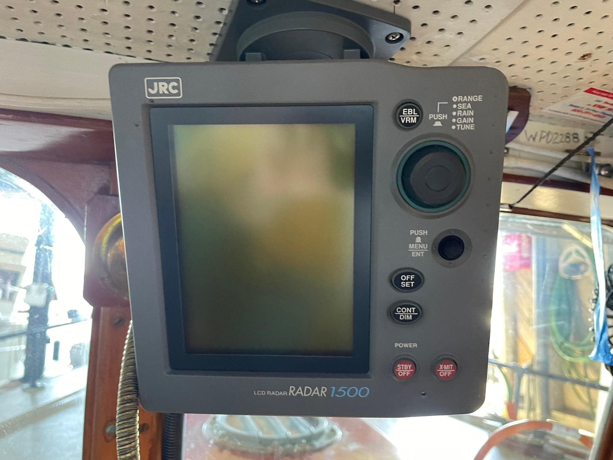 JRC Radar 1500 on 1940 Historic Tacoma Boat Co Cruiser, mounted on cabin ceiling.