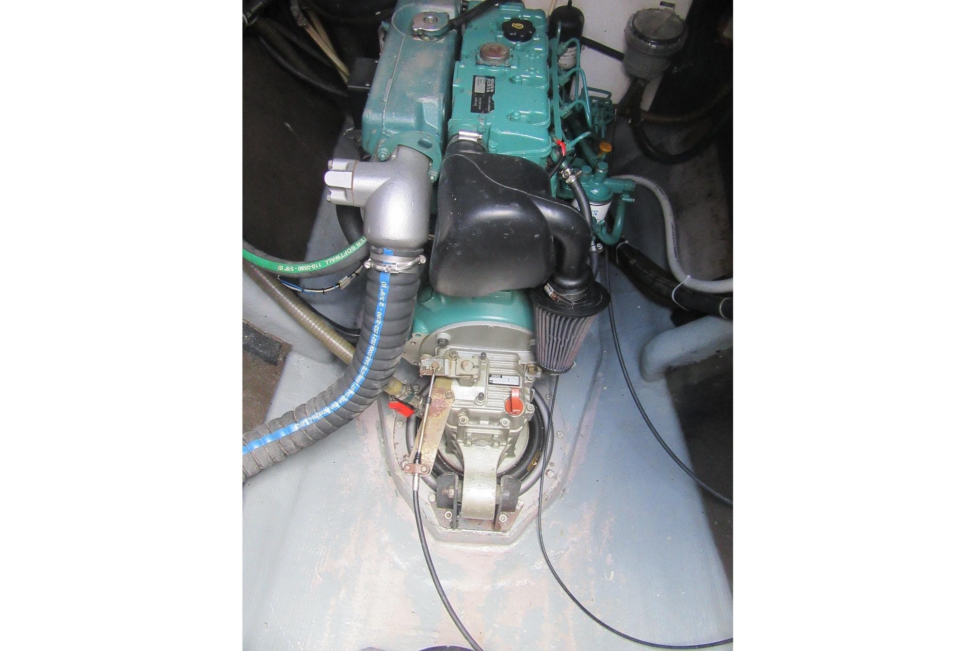 Engine compartment of 2004 Catana 471 Ocean Class Owner's Version catamaran.