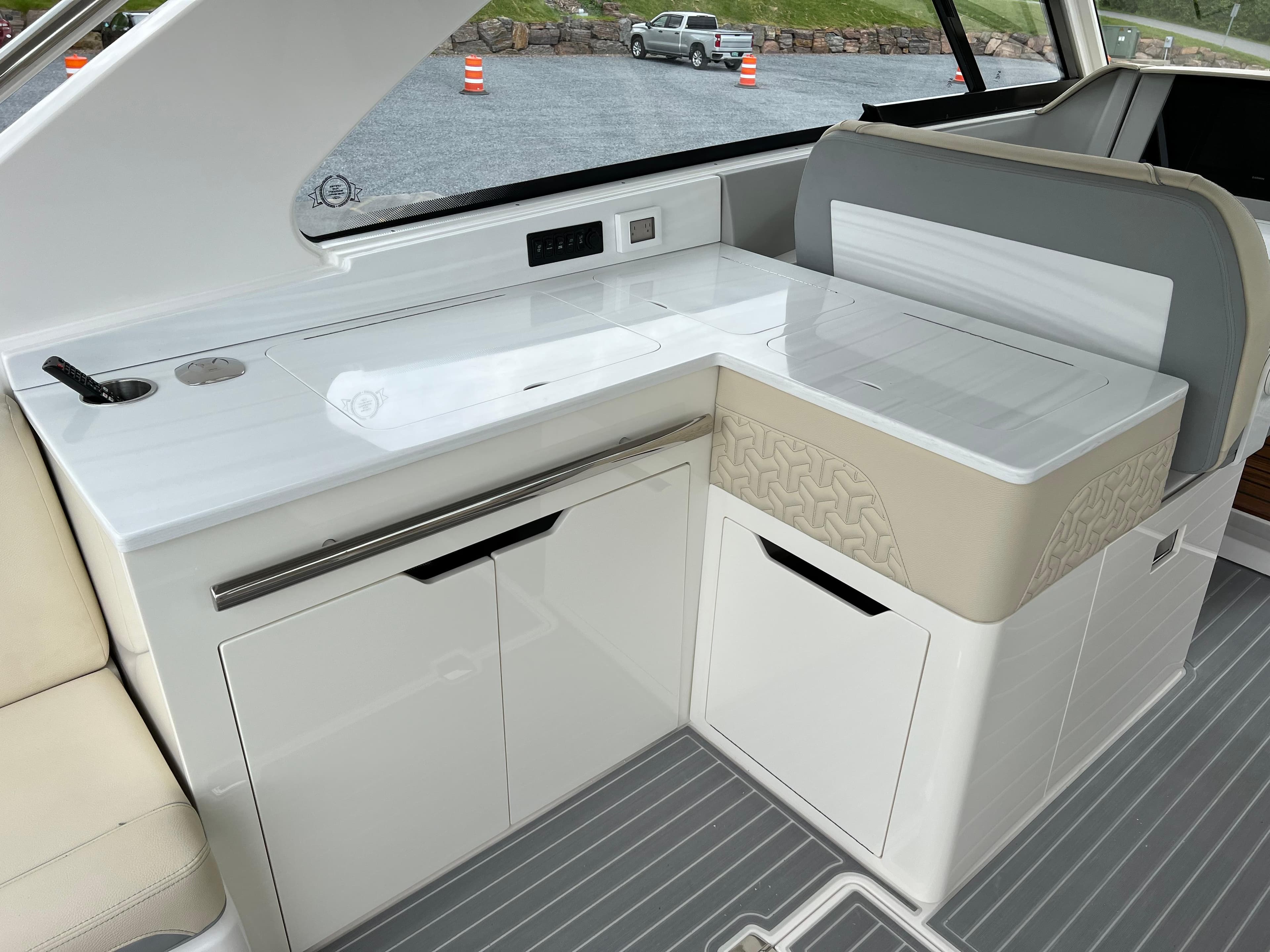 2022 Regal LS36 boat interior with sleek white cabinetry and modern design.