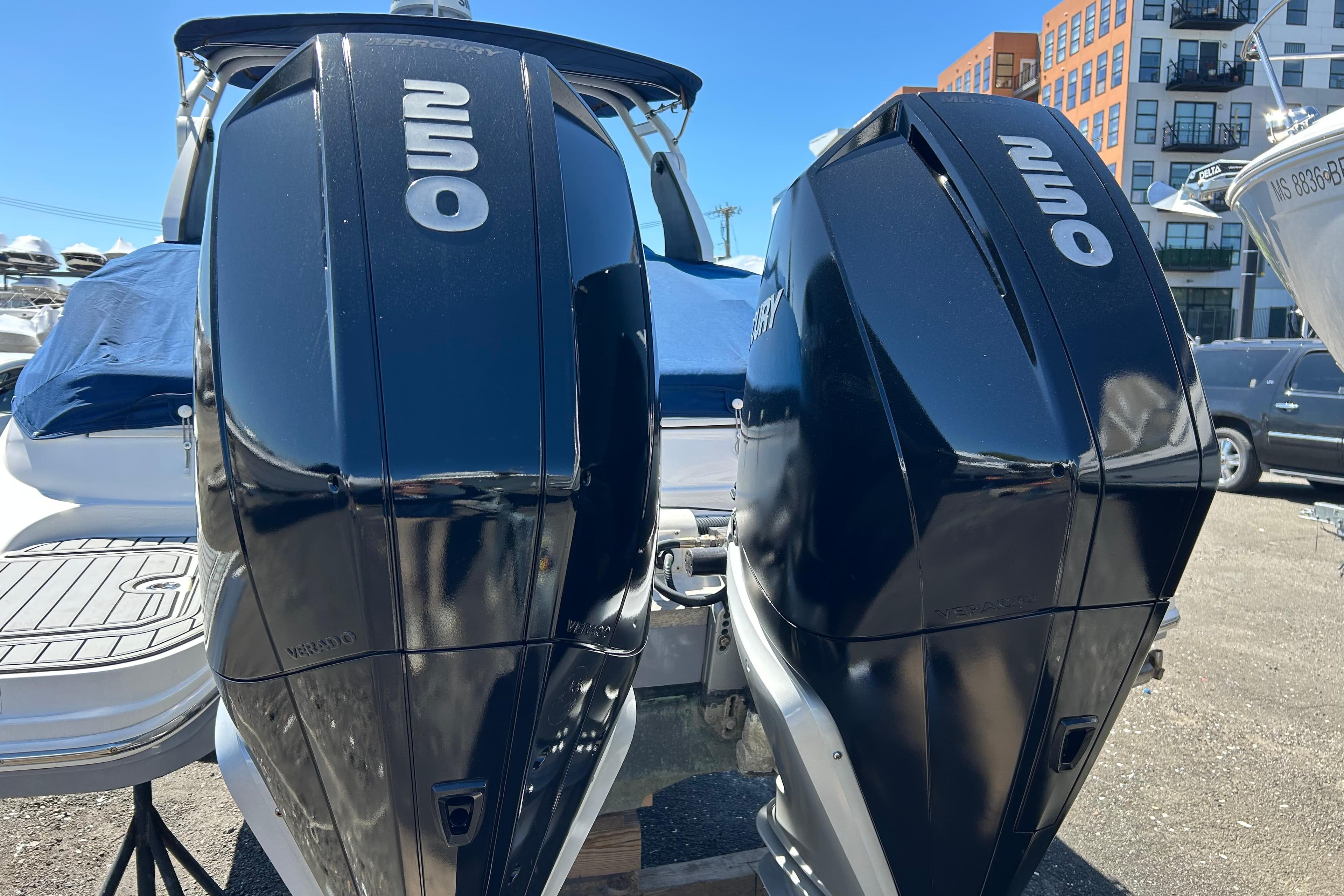 2018 Sea Ray SDX 290 Outboard with twin 250 horsepower engines, docked outdoors.
