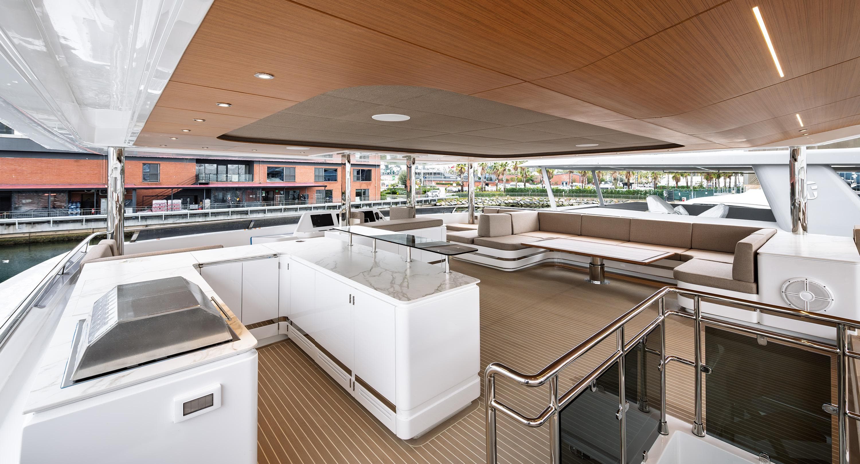 Luxurious VisionF E-Cat 80 yacht interior with modern seating and sleek design, 2025 model.