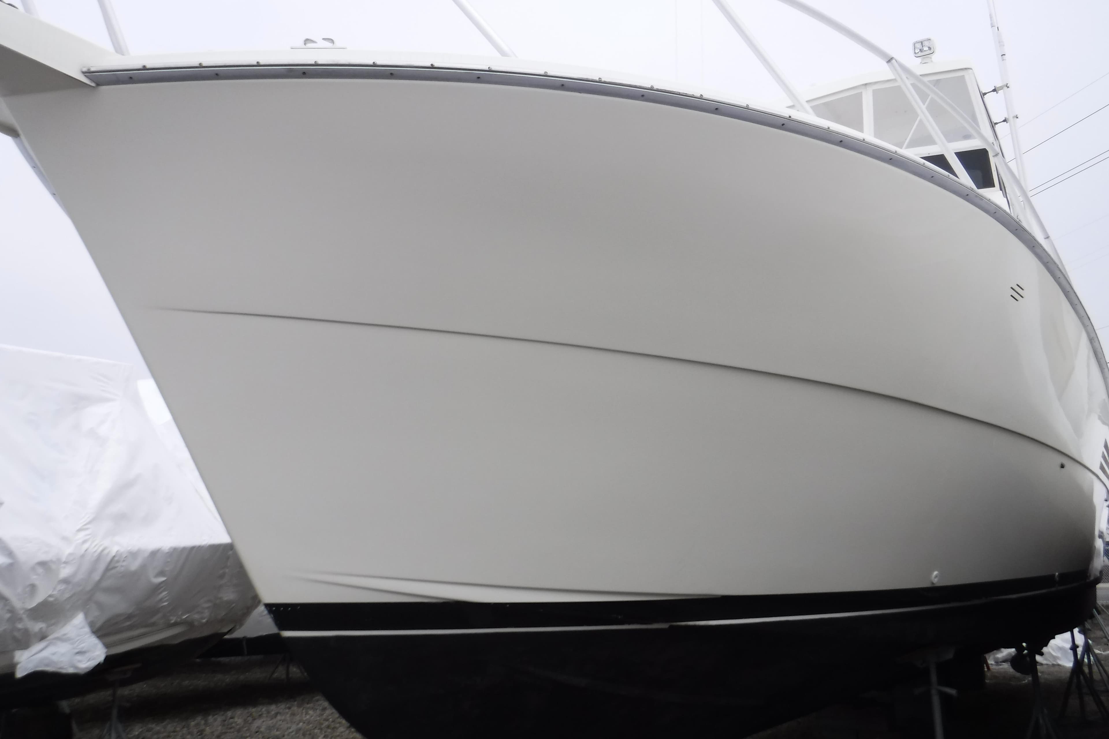 1989 Viking 41 Sportfish Convertible boat, side view, on dry dock.