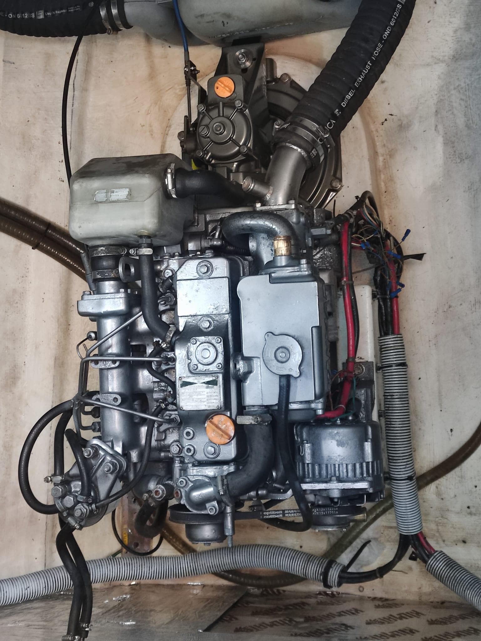 Engine of a 2005 Fountaine Pajot Bahia 46 catamaran, detailed view.