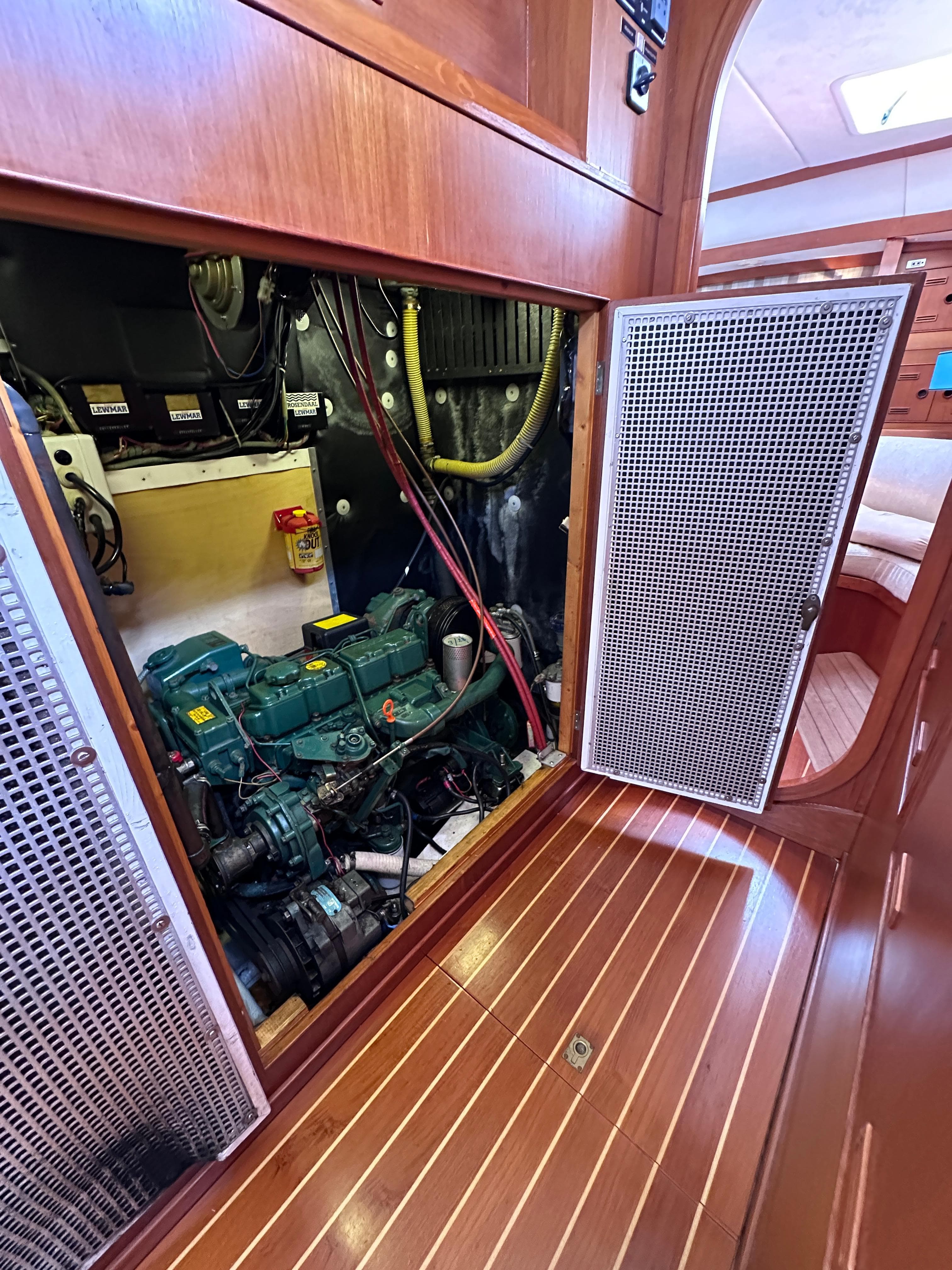 Engine compartment of a 1987 Standfast 50 yacht, showcasing detailed interior design.