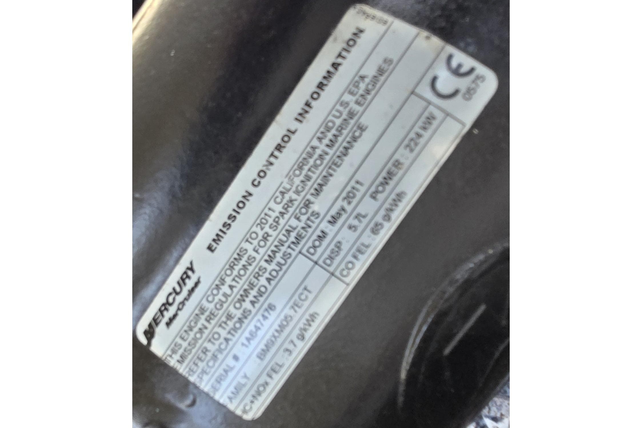 Emission control label on 2012 Crownline Eclipse E4 boat engine.