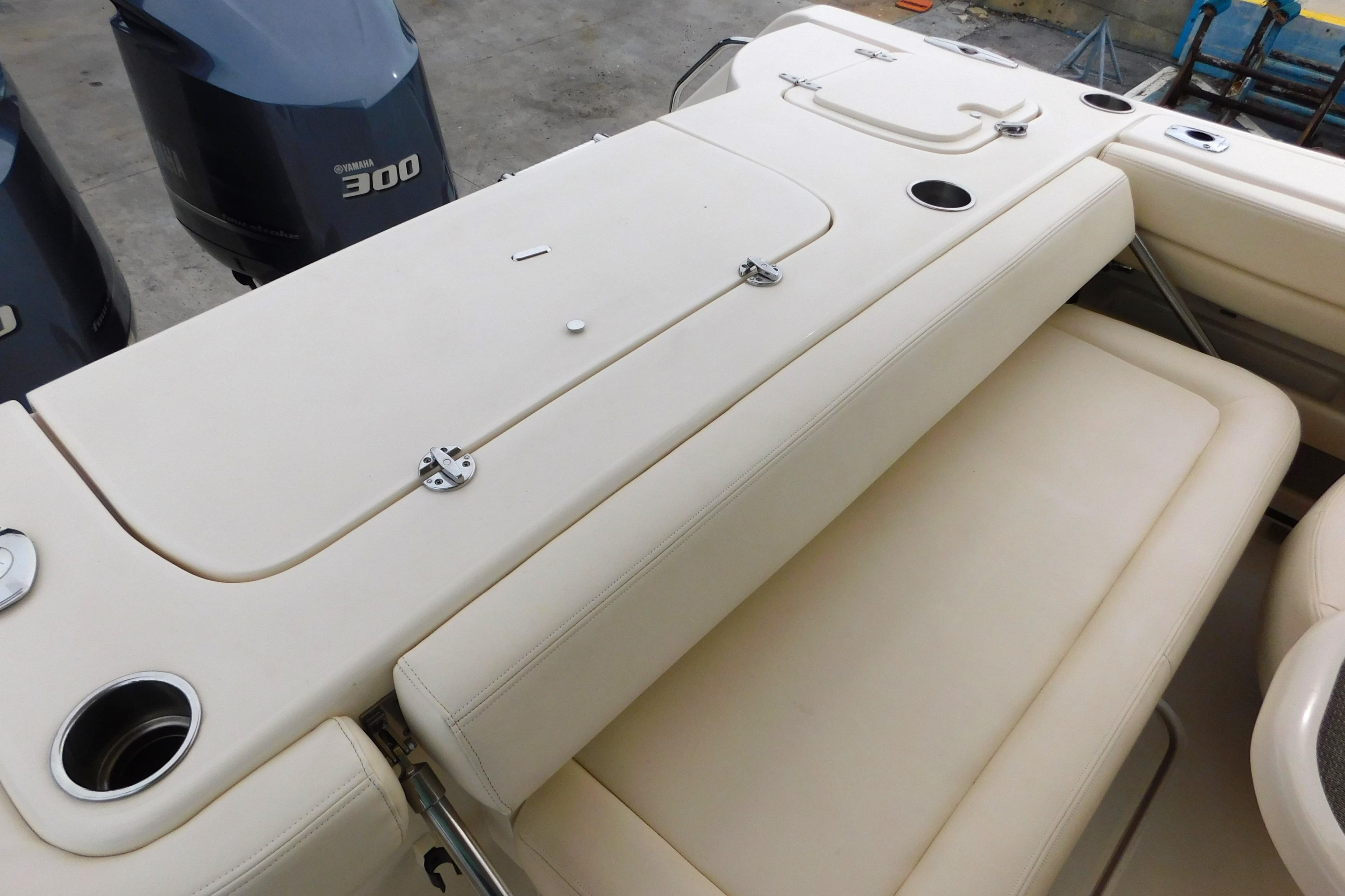 2015 Grady-White Freedom 307 boat interior with seating and Yamaha 300 engines.