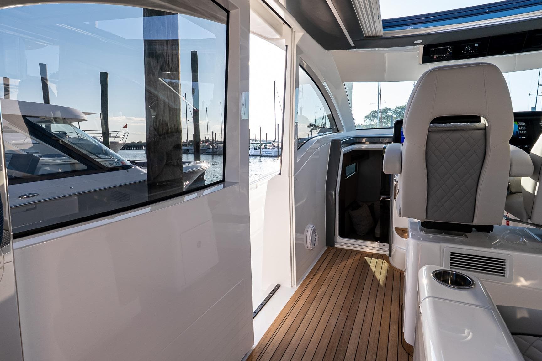 Interior view of 2026 Valhalla V-55 Sport Yacht, featuring sleek design and luxurious seating.