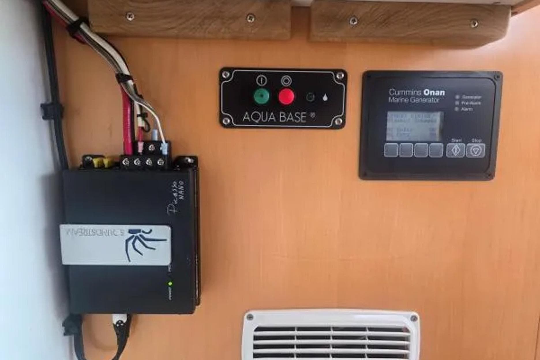 Control panel of 2008 Fountaine Pajot Salina 48 Evolution with Cummins Onan marine generator.