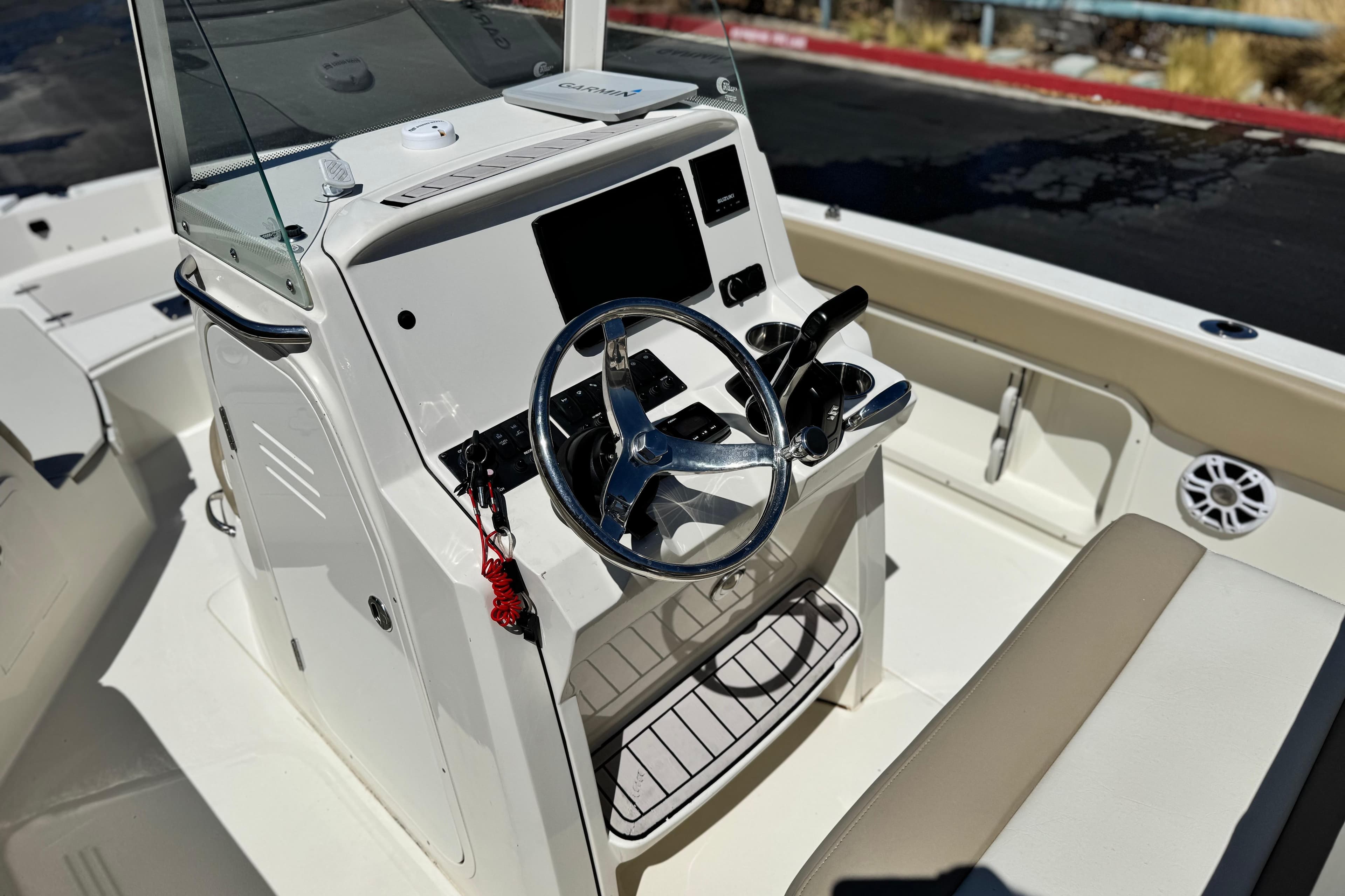 2019 Stingray 206 CC boat interior with steering wheel and control panel.