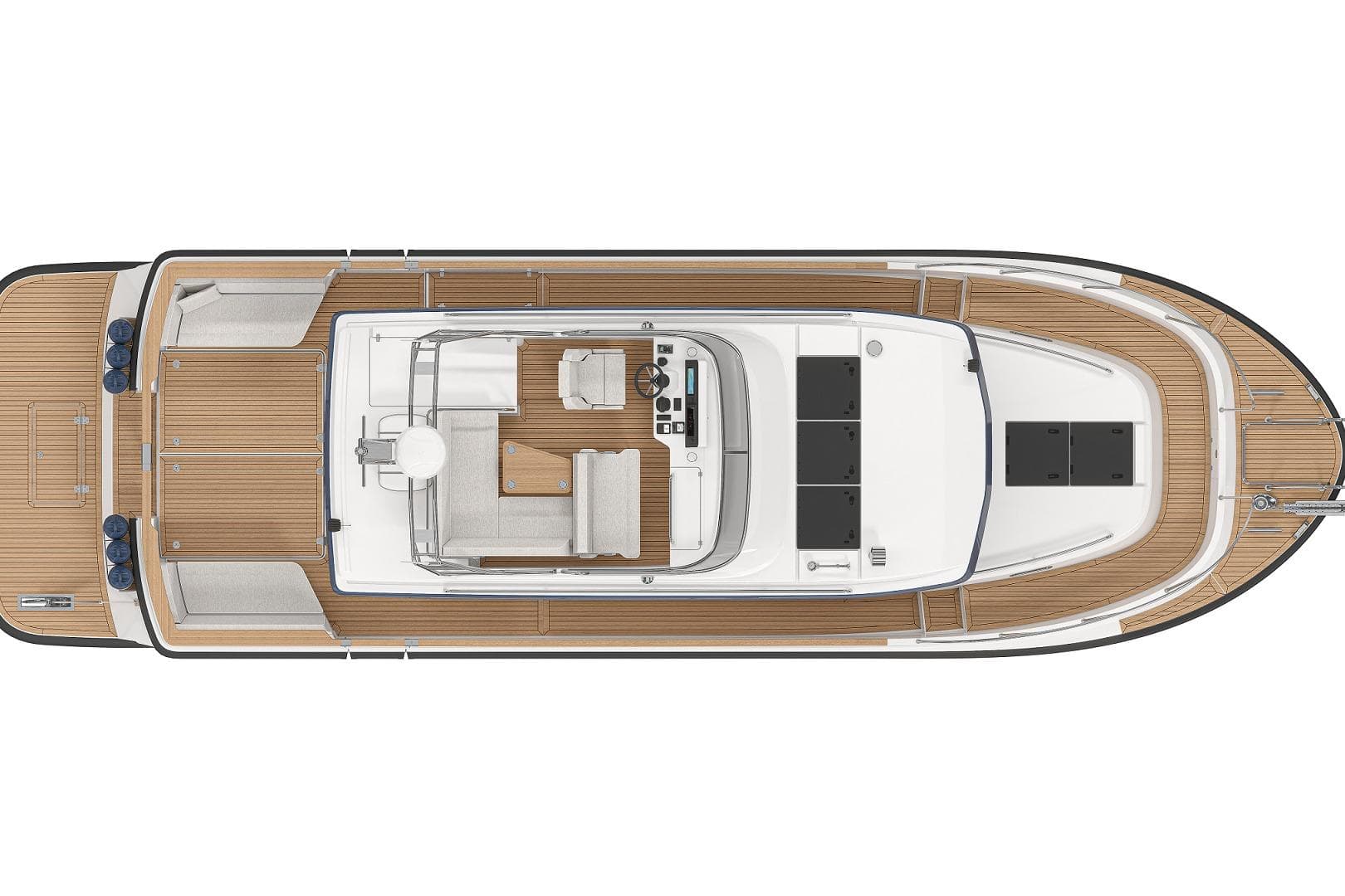 Top view of 2027 Targa TARGA 37 yacht, showcasing sleek deck design.