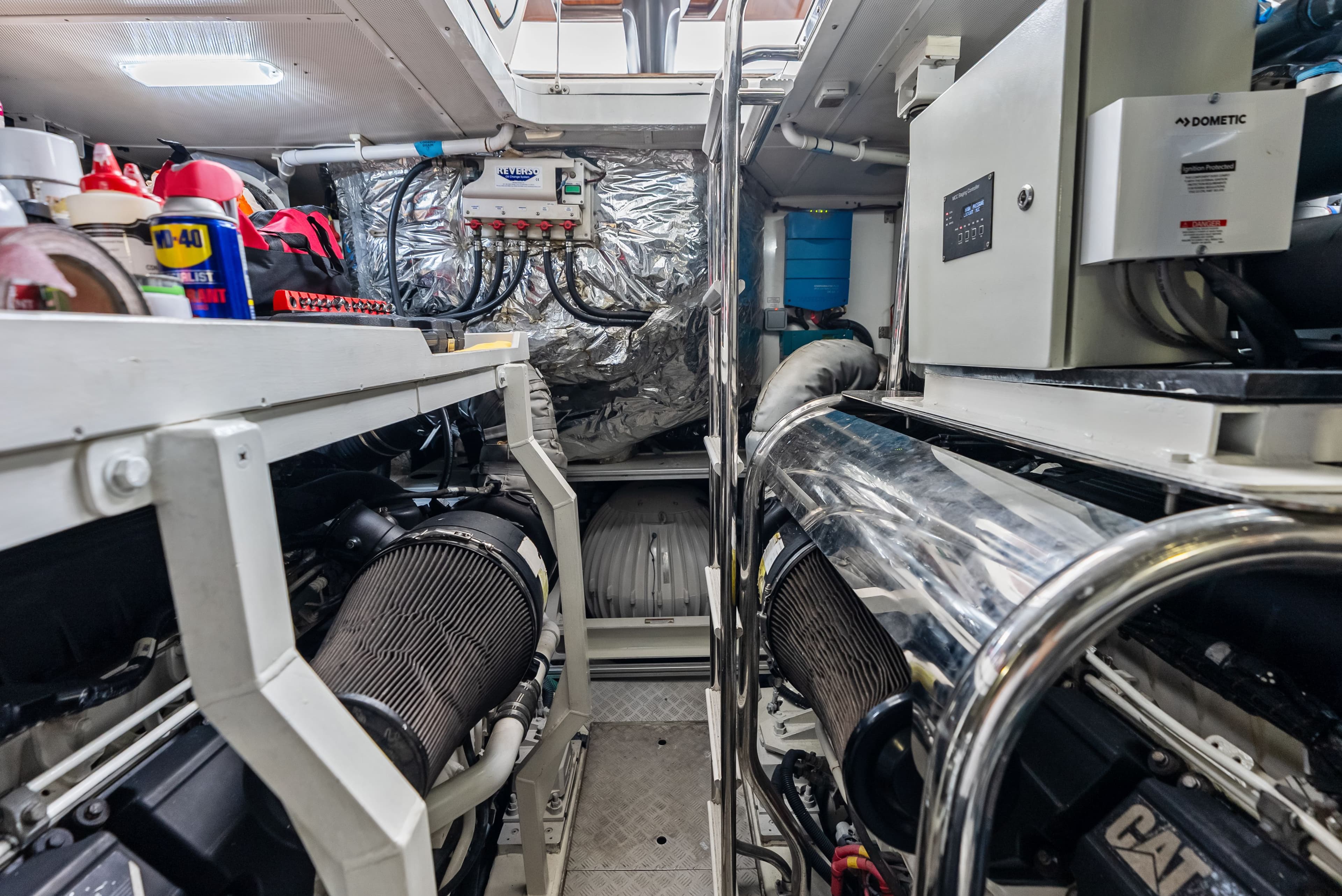Engine room of 2014 Princess S72 yacht with technical equipment.
