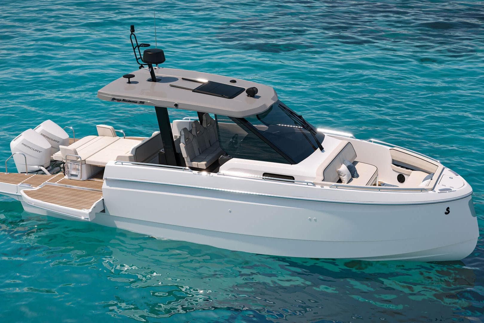 2026 Beneteau Grand Turismo 35 yacht on clear blue water, showcasing sleek design.