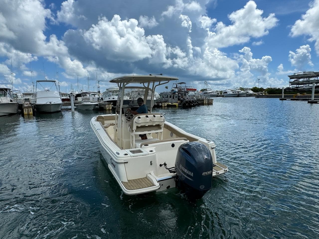 2023 Scout 215 XSF boat in marina, under cloudy sky, with Yamaha outboard motor.