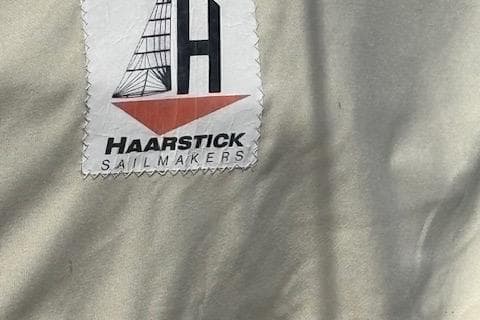 Haarstick Sailmakers logo on sail of 1972 Morgan Out Island 41 yacht.