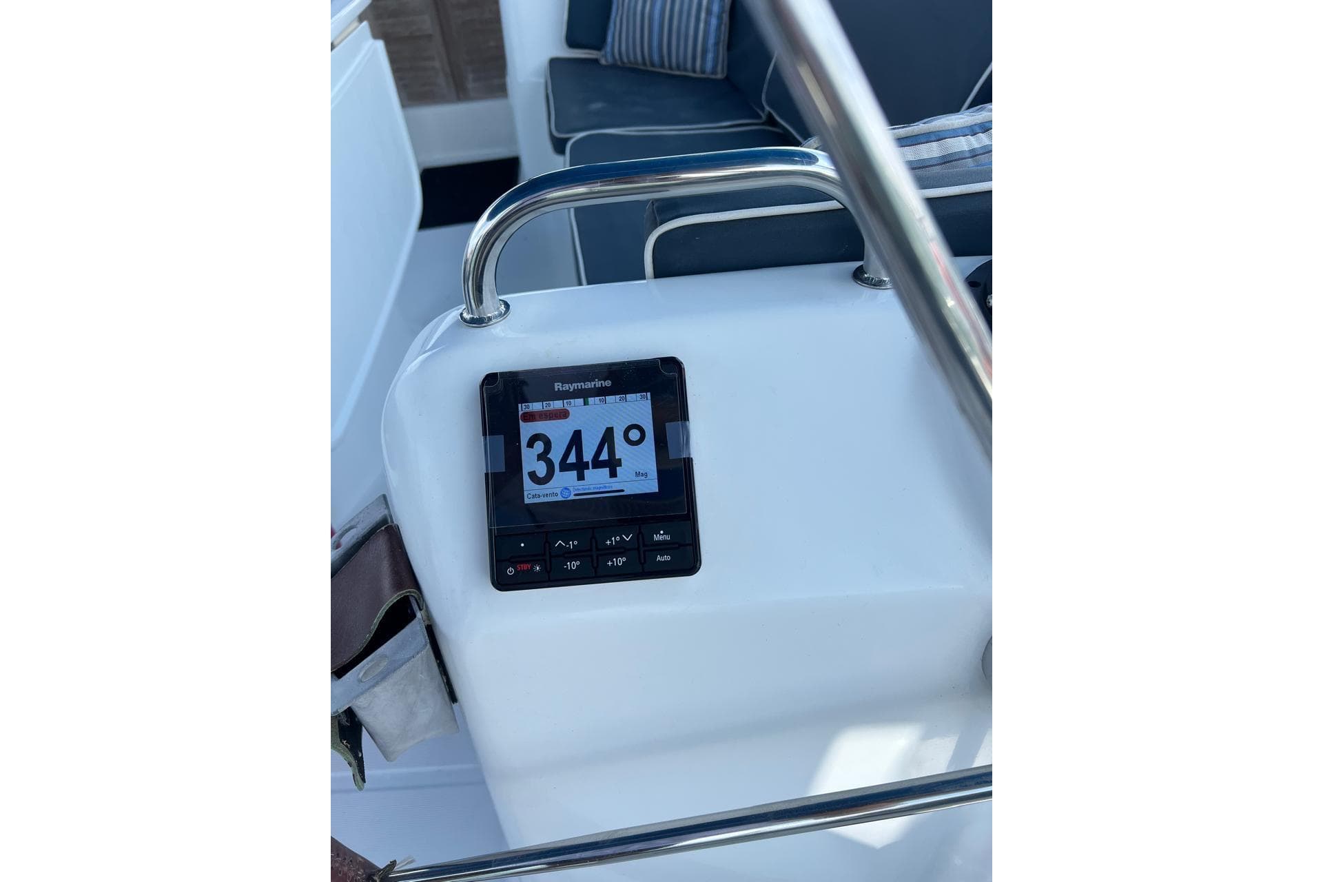 Raymarine navigation display on 2006 Beneteau Cyclades 43.3 yacht, showing 344 degrees.
