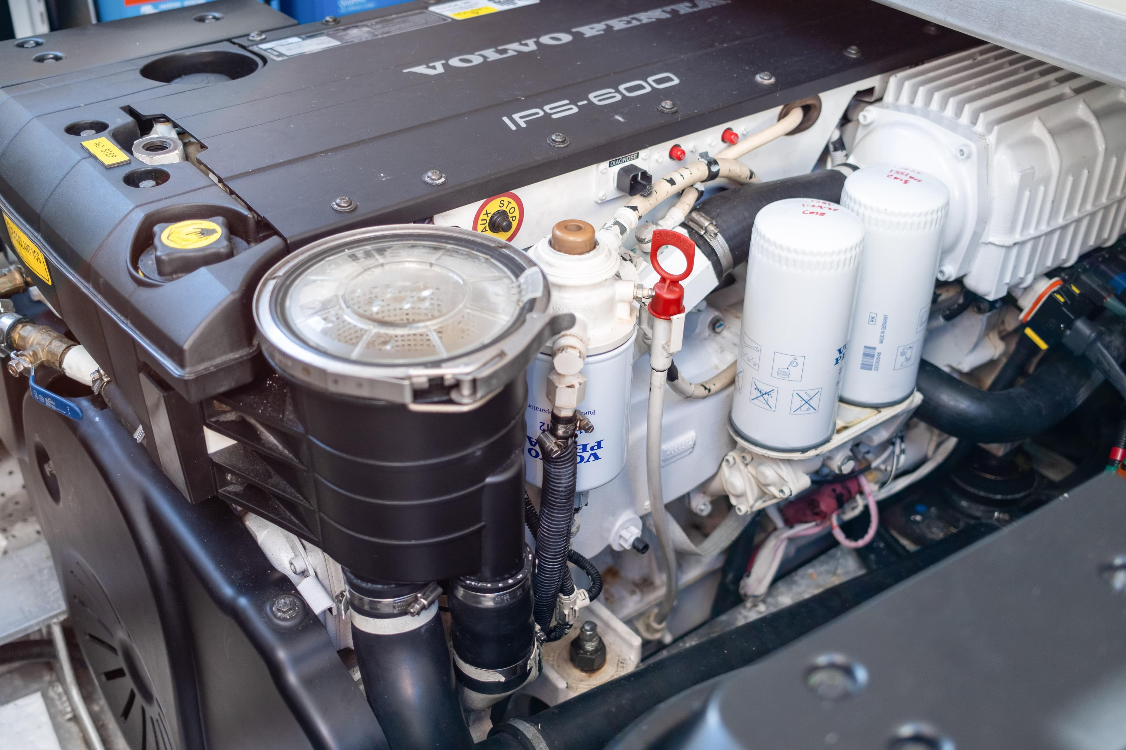 Engine compartment of a 2013 Coastal Craft 45, featuring a Volvo Penta IPS-600.