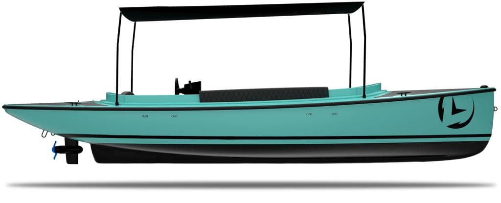 2024 Vision Marine Technologies Fantail 217, turquoise electric boat with canopy, side view.
