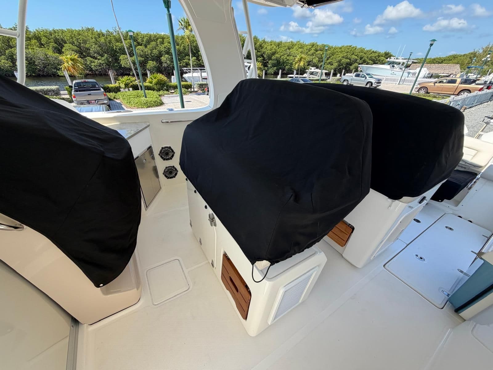 Interior of a 2022 Boston Whaler 350 Realm boat.