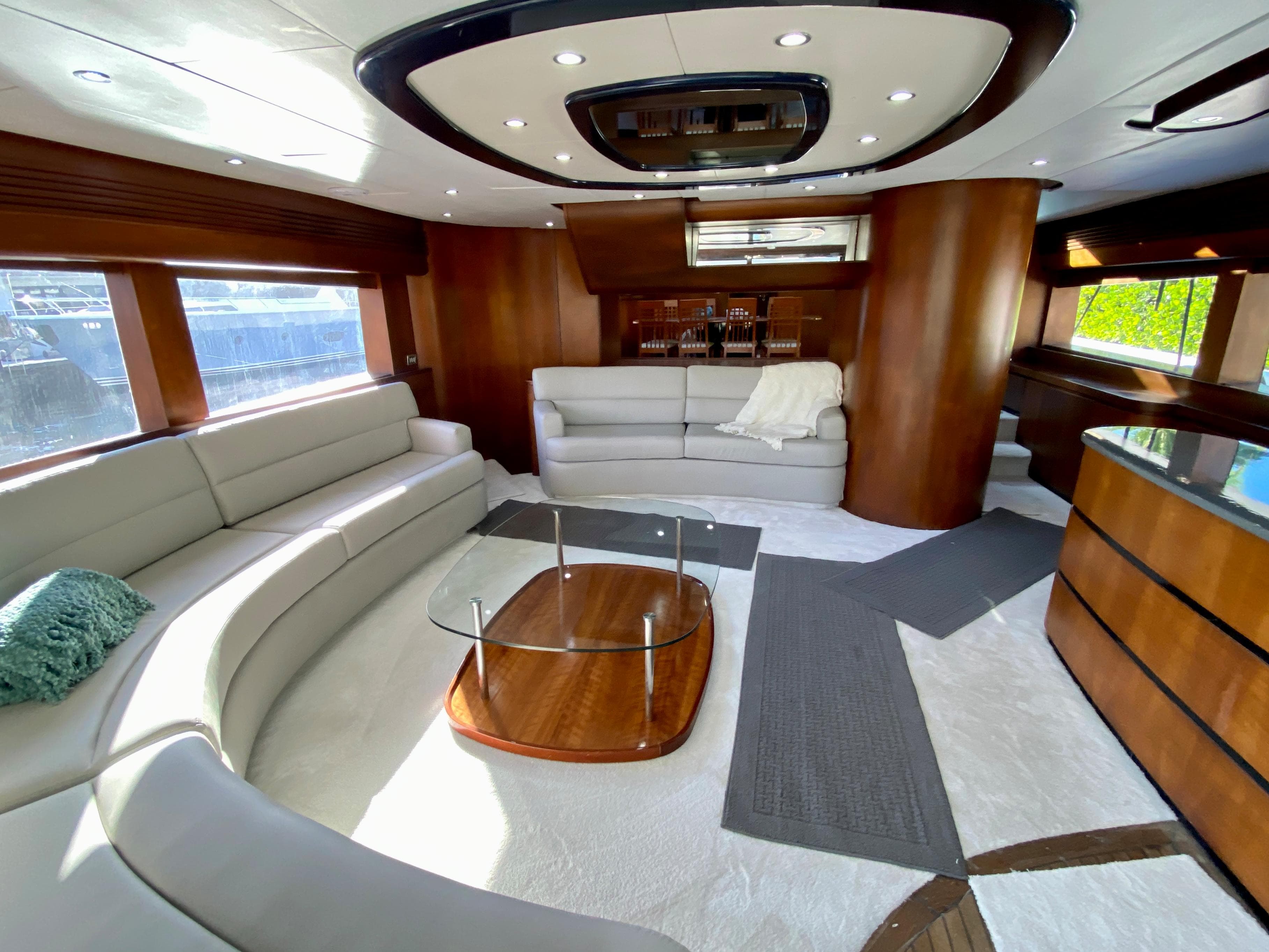 Luxurious interior of a 2007 Rodriquez 80 Widebody yacht with elegant seating and modern design.