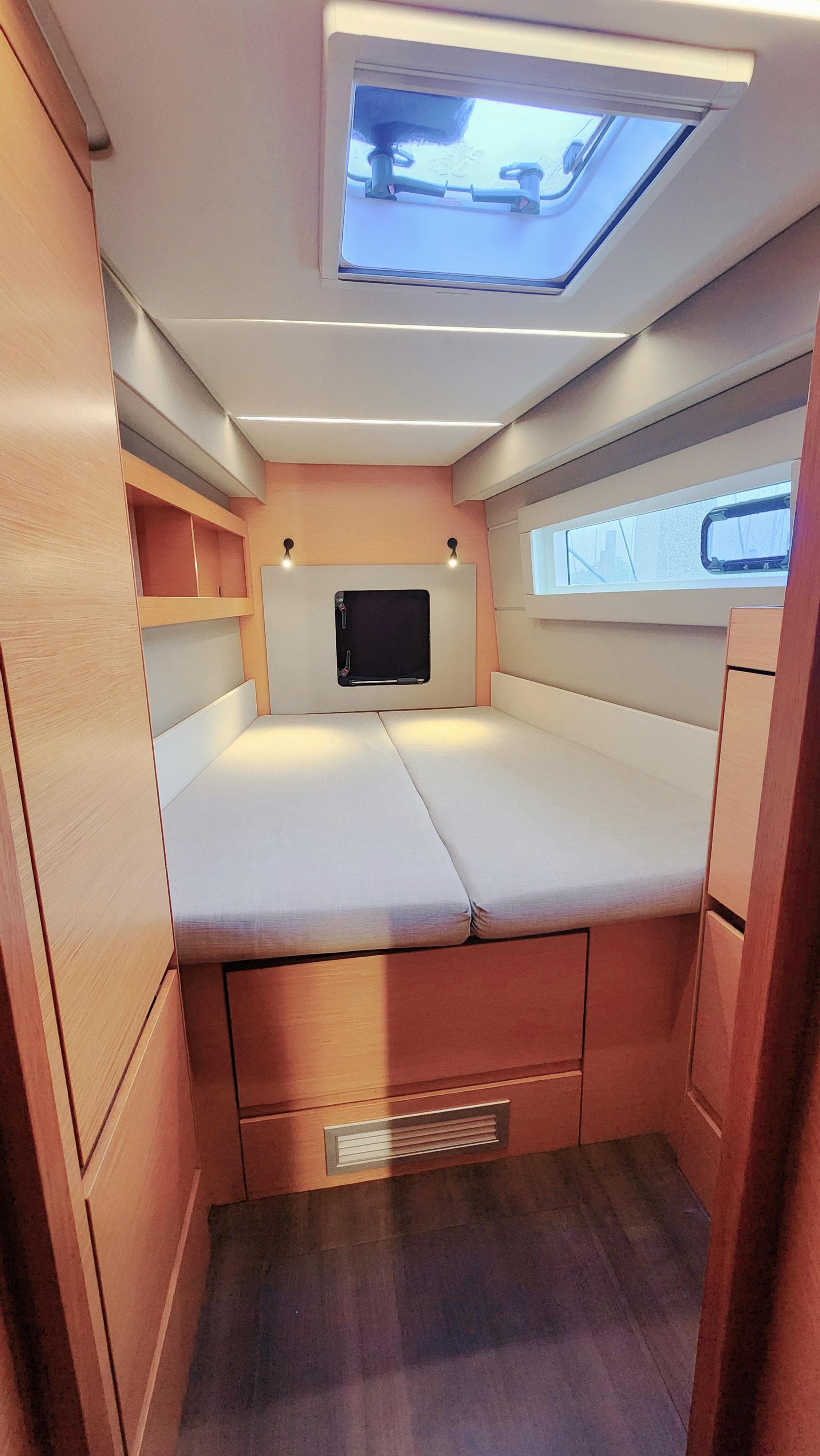 Interior cabin of 2017 Nautitech 46 Fly catamaran with skylight and modern design.