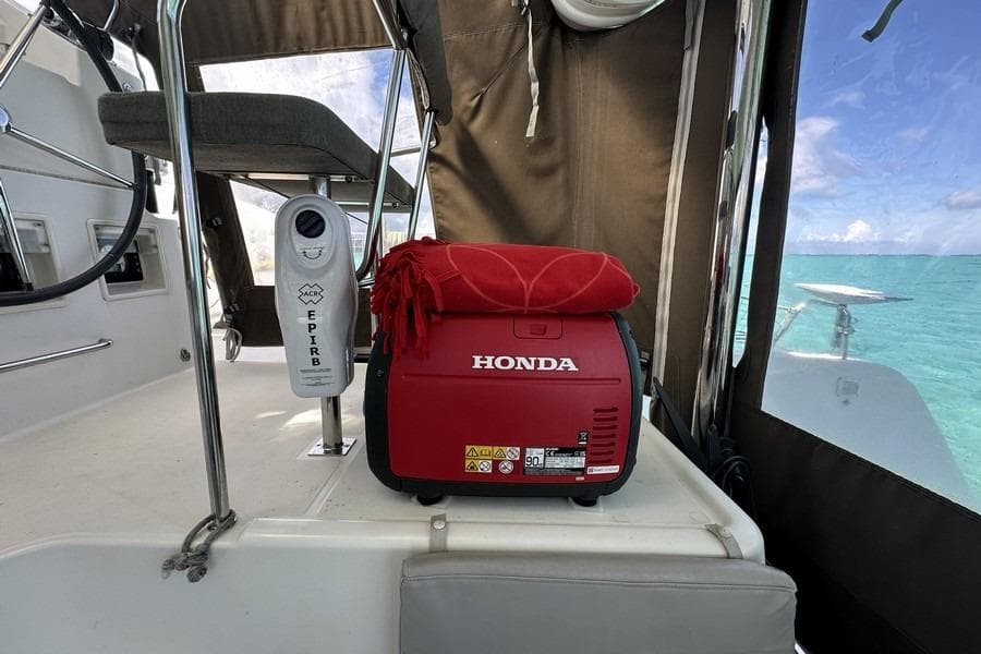 Honda generator on Lagoon 39 catamaran, 2013 model, with ocean view.