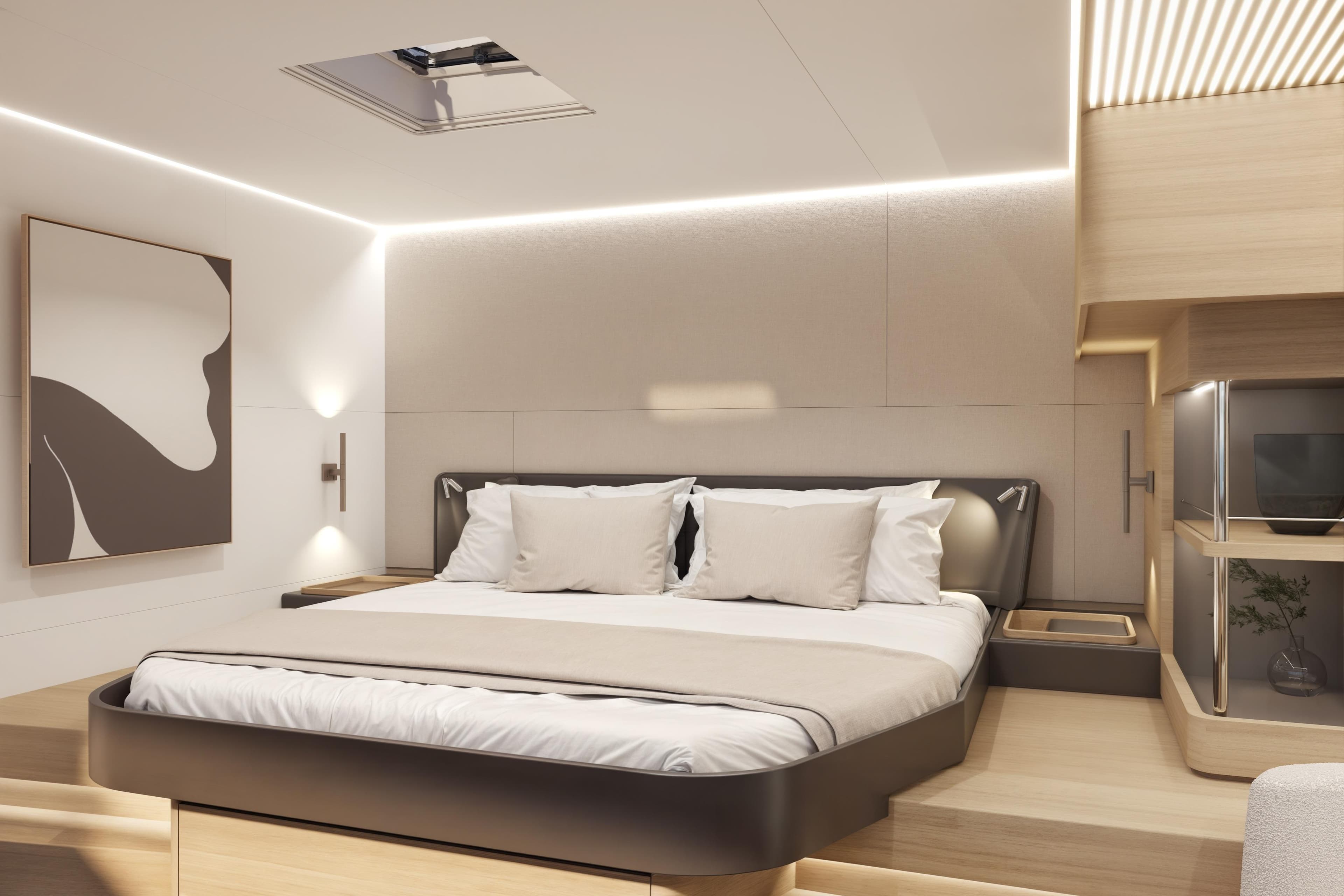 Modern yacht bedroom interior in Veya 53, 2026 model, featuring sleek design and ambient lighting.
