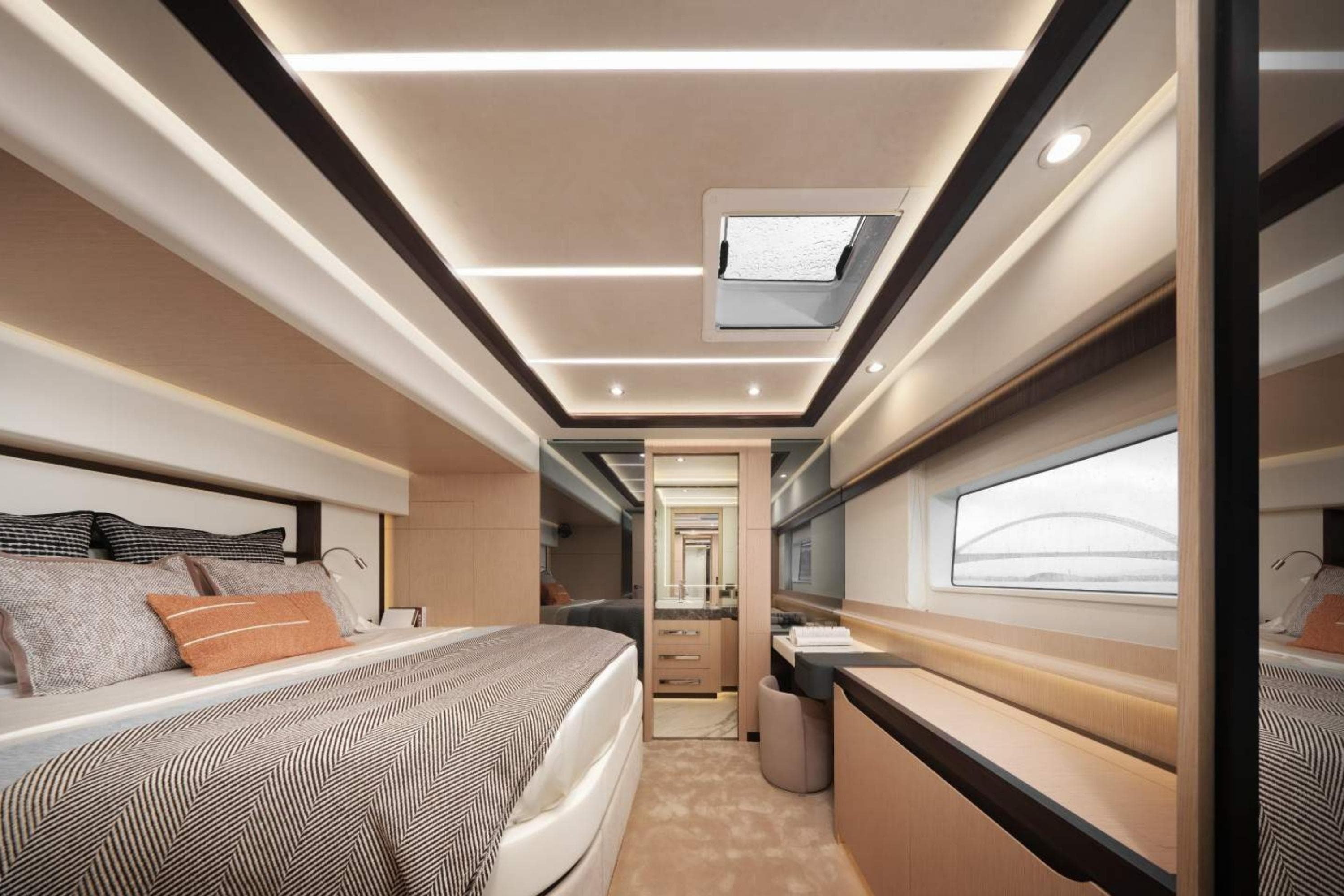 Luxurious interior of 2026 Heysea SV78 yacht, featuring elegant bedroom design and modern lighting.