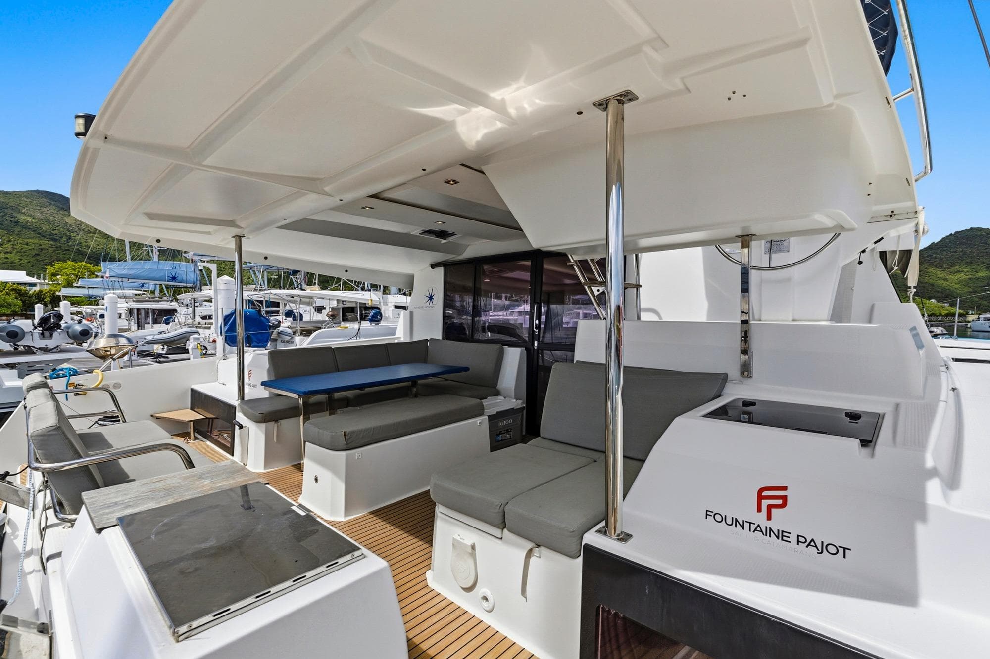 2020 Fountaine Pajot Astrea 42 Catamaran with spacious outdoor seating and modern design.