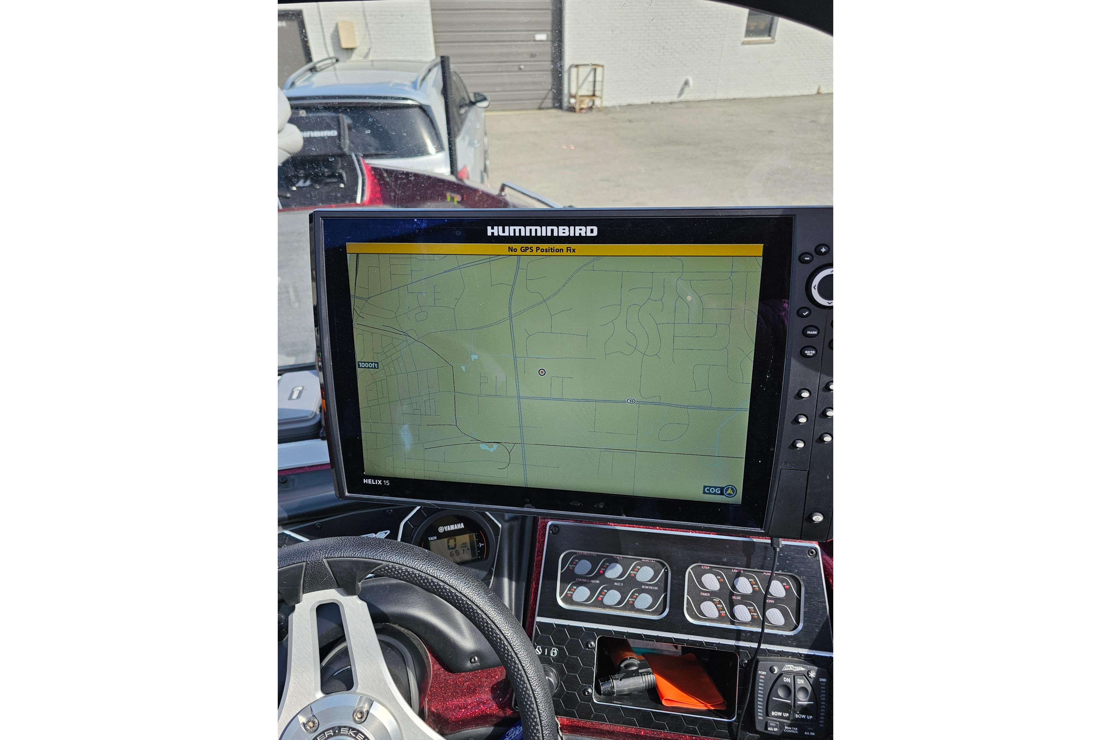 Humminbird GPS display in 2023 Skeeter WX2200 boat cockpit.