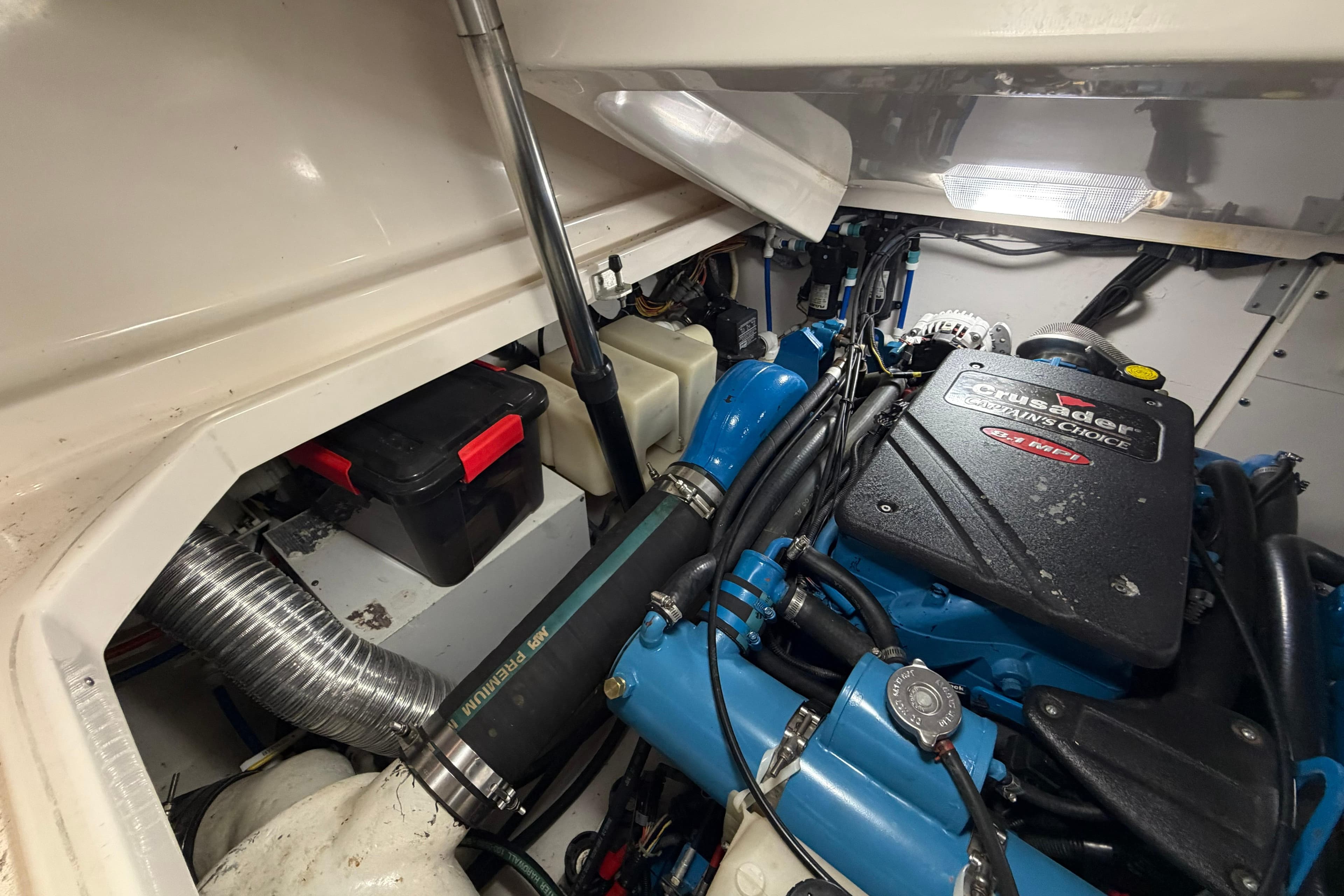 Engine compartment of a 2004 Tiara Yachts 3200 Open, featuring a Crusader engine.