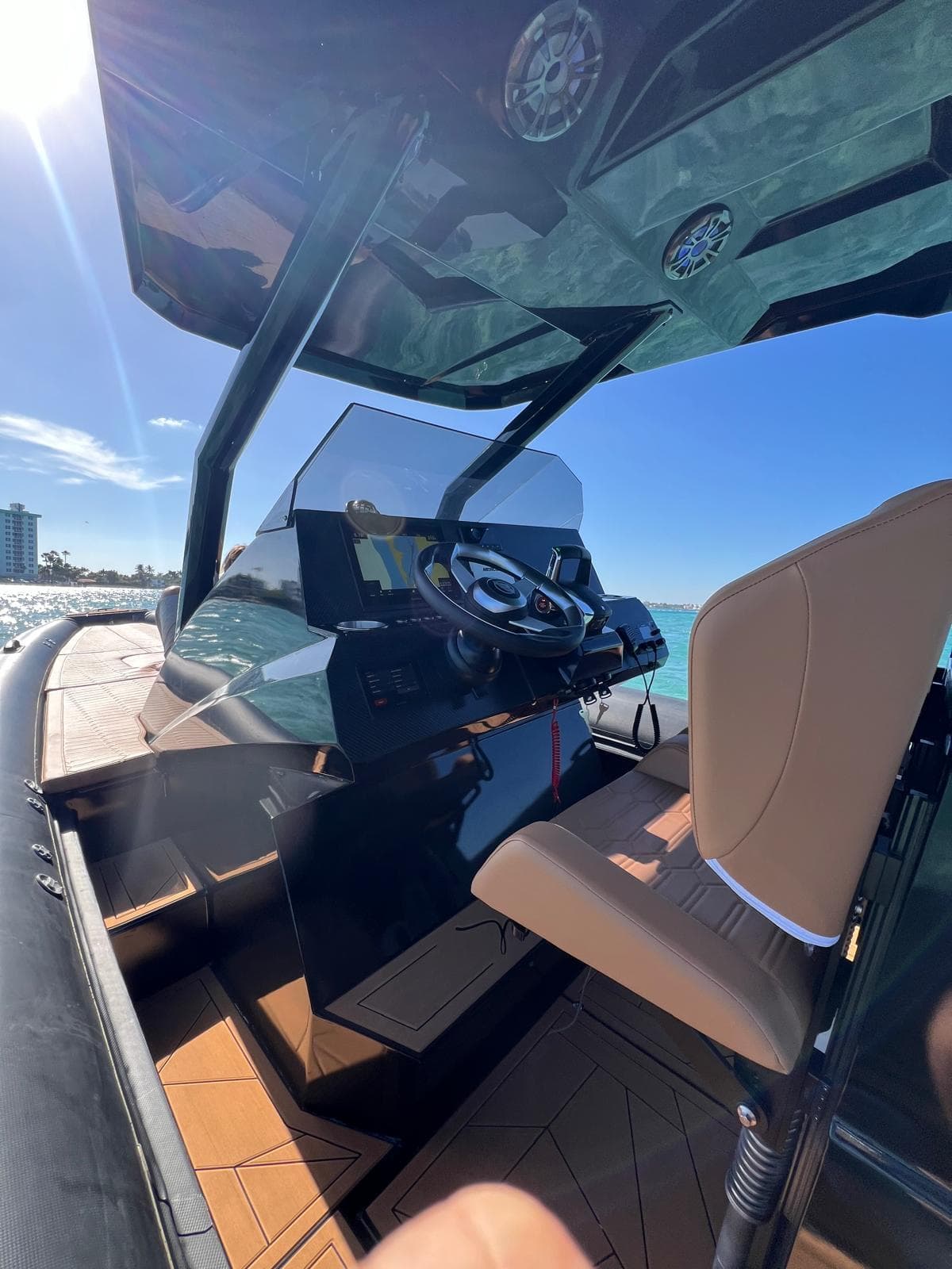 Modern Novielli Veloche 349 boat interior, 2026 model, featuring sleek design and advanced controls.