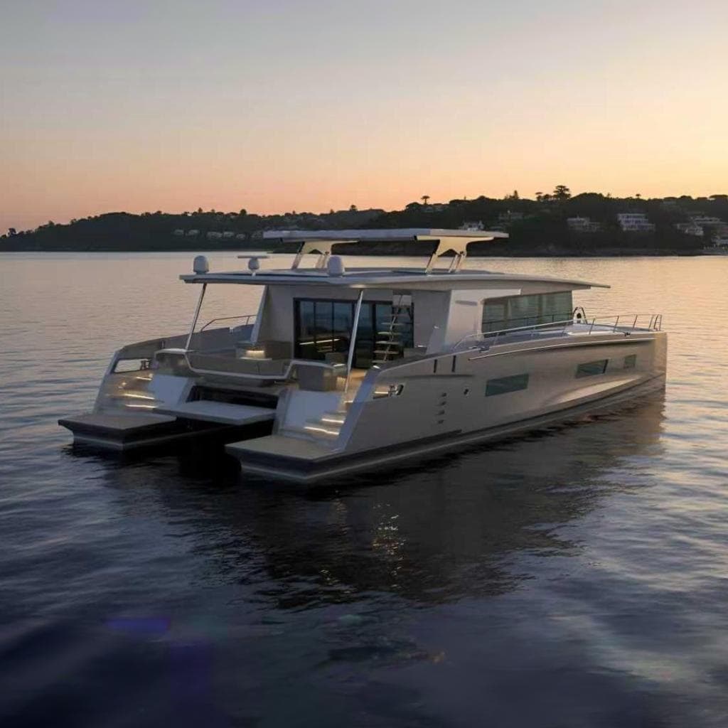 Mazarin 75 iYacht 2026 at sunset on calm waters.