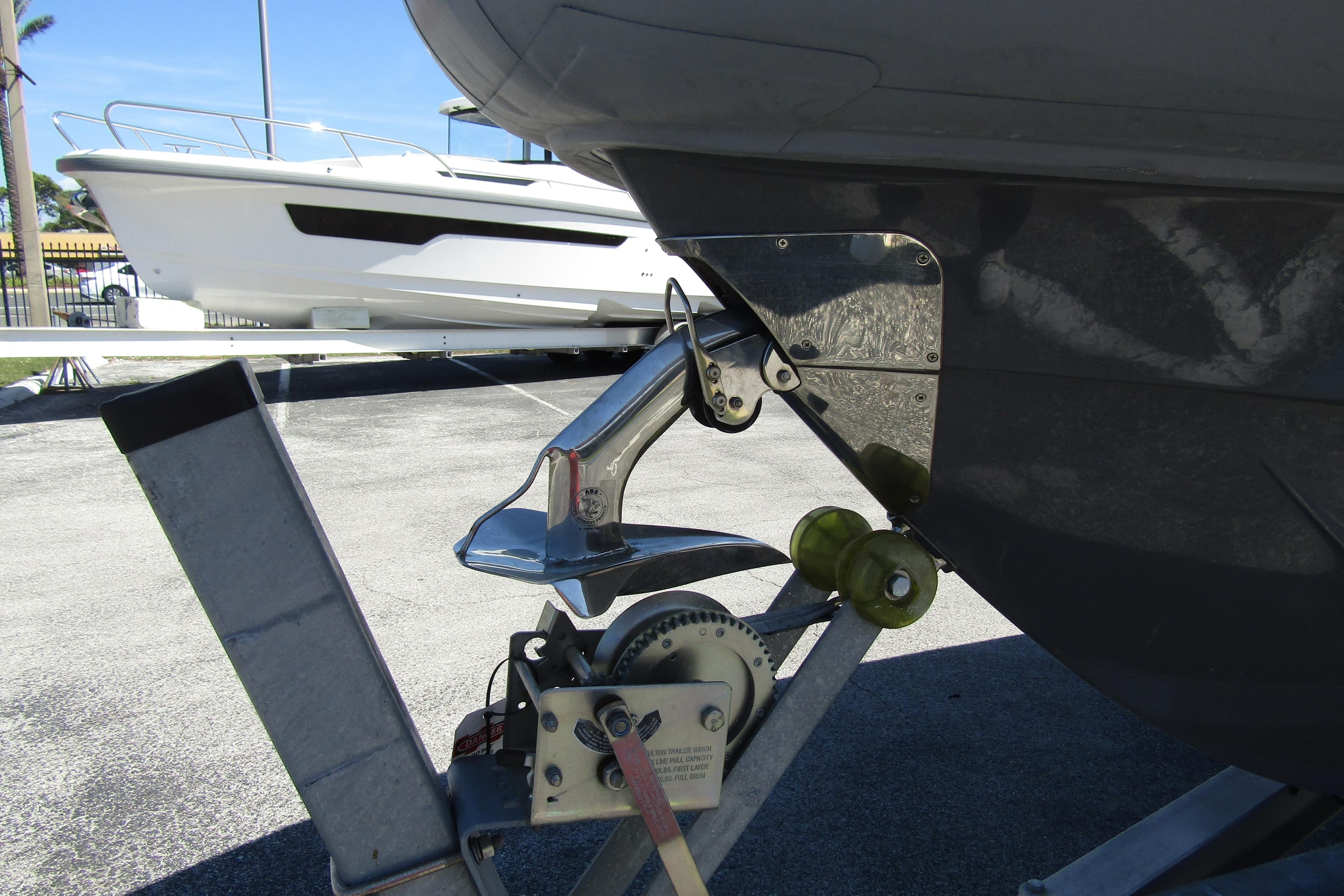 2024 Northstar Orion 8 boat on trailer, close-up of bow and winch system.