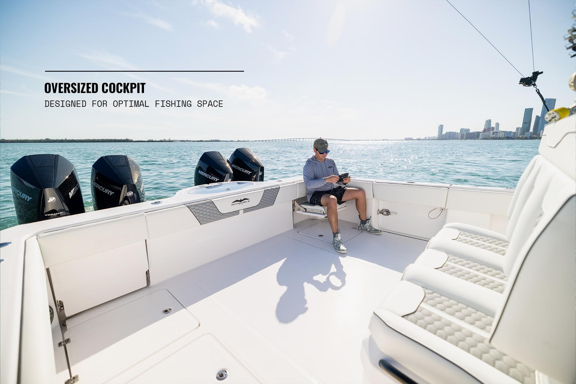 2025 Invincible 36 Catamaran with oversized cockpit, designed for optimal fishing space.