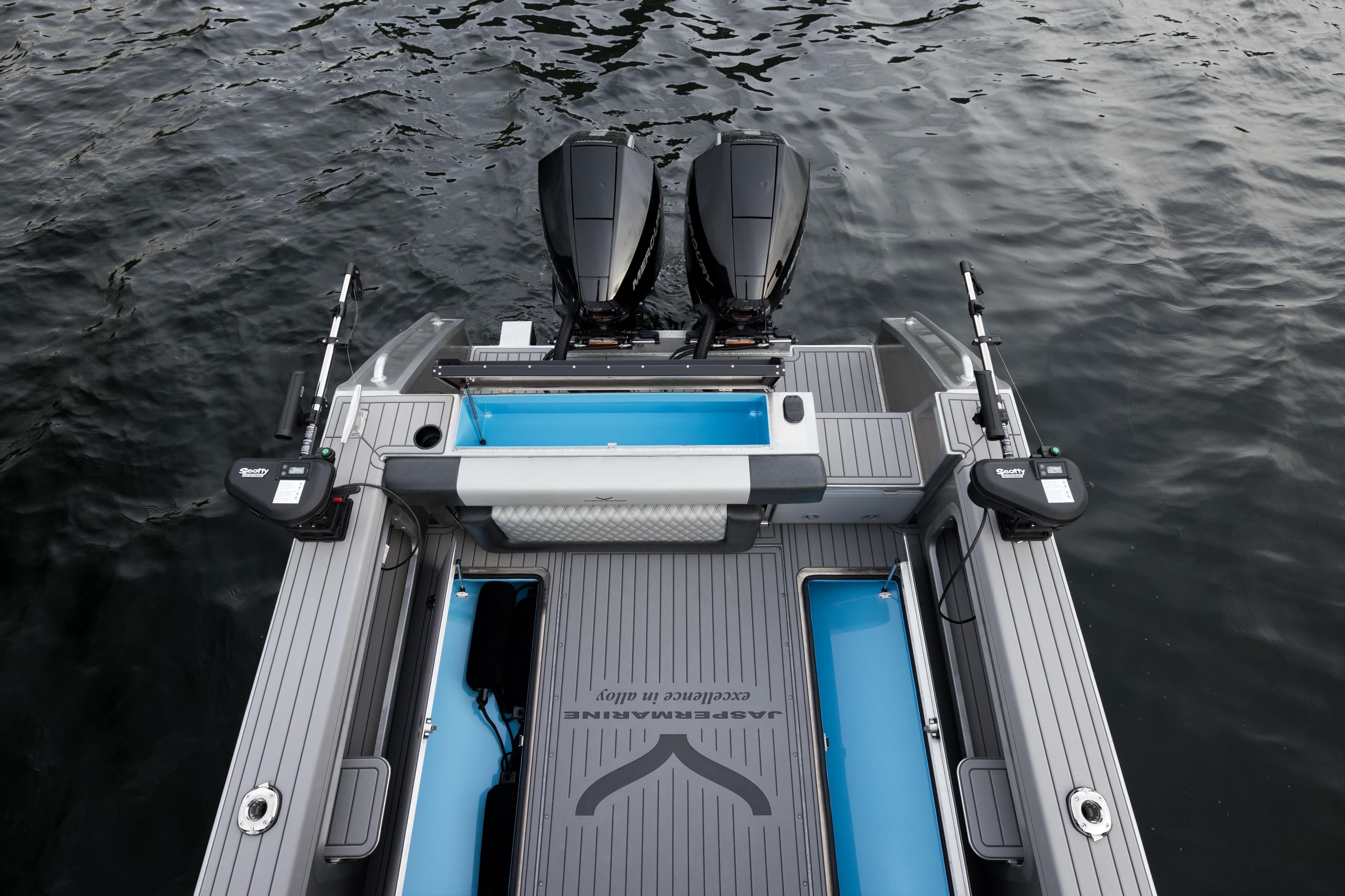 2026 Jasper Marine Defender 22 boat with dual engines on water.