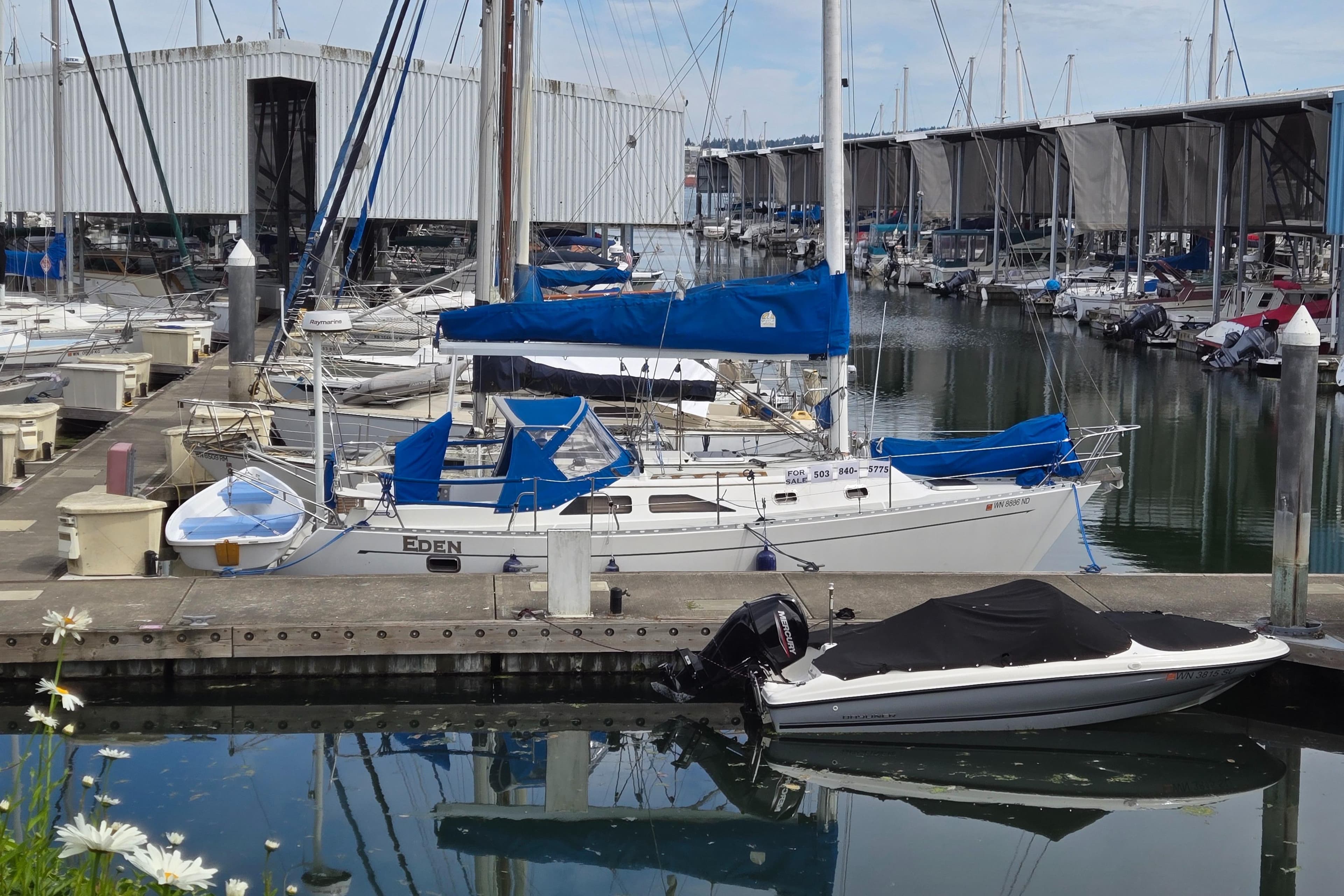 Sailboats docked at marina, featuring a 1993 Freedom Cruising sloop with blue covers.