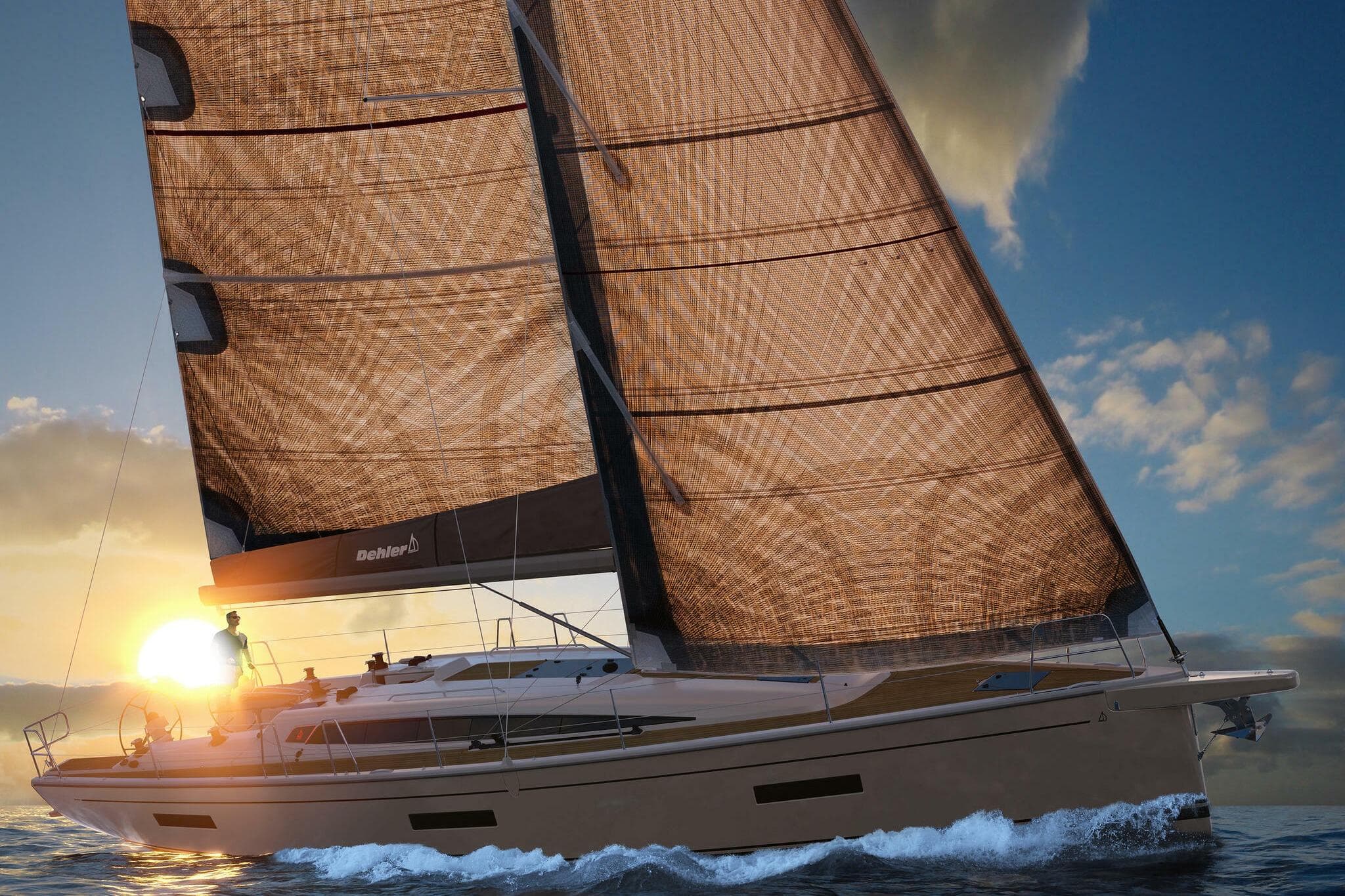 2026 Dehler 46SQ sailboat at sunset, sailing on open water.