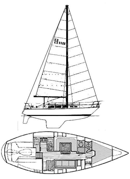 S2 11.0A 1981 sailboat with detailed interior layout and sail plan.