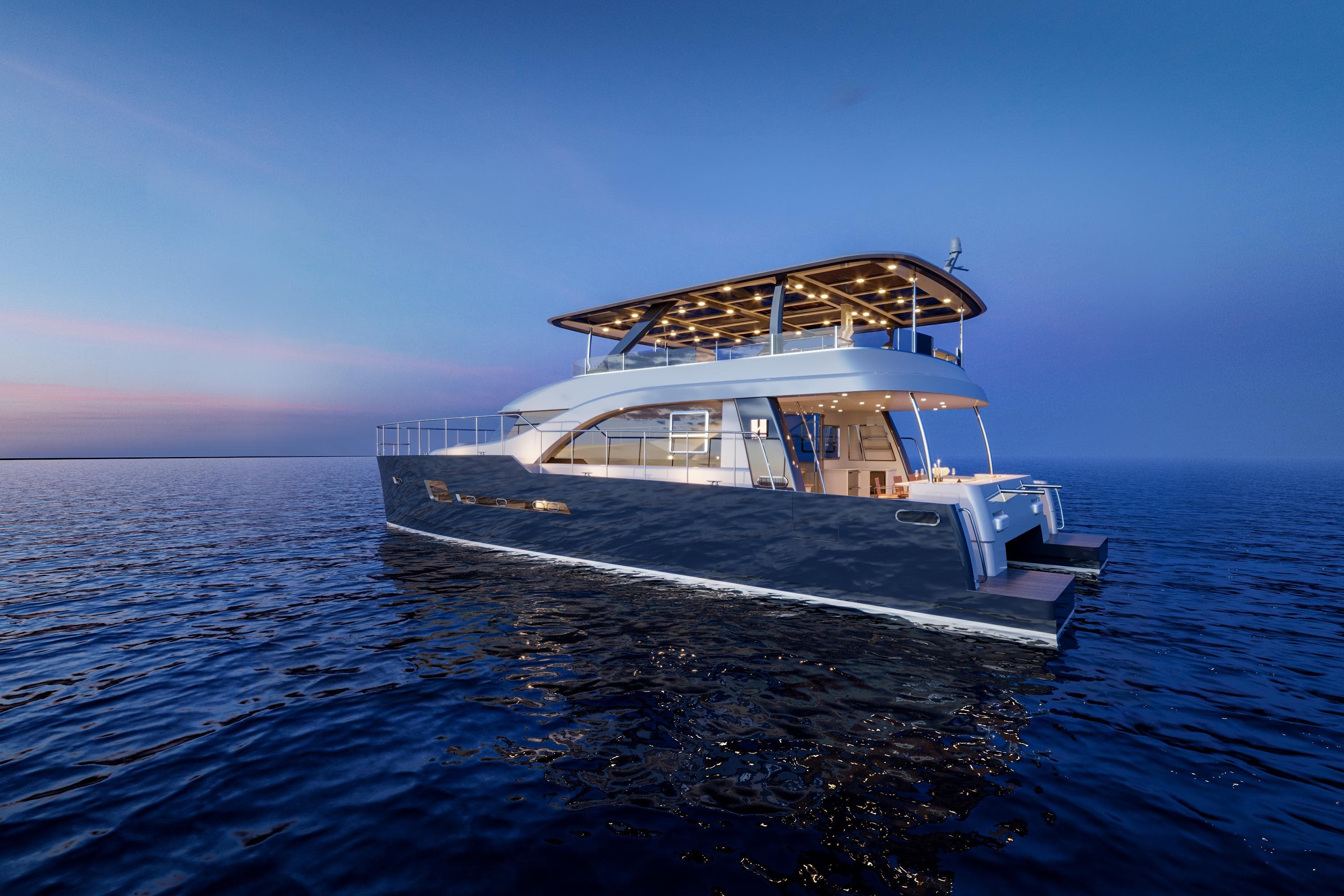 2025 Catamaran HS 65 yacht on calm ocean at sunset.