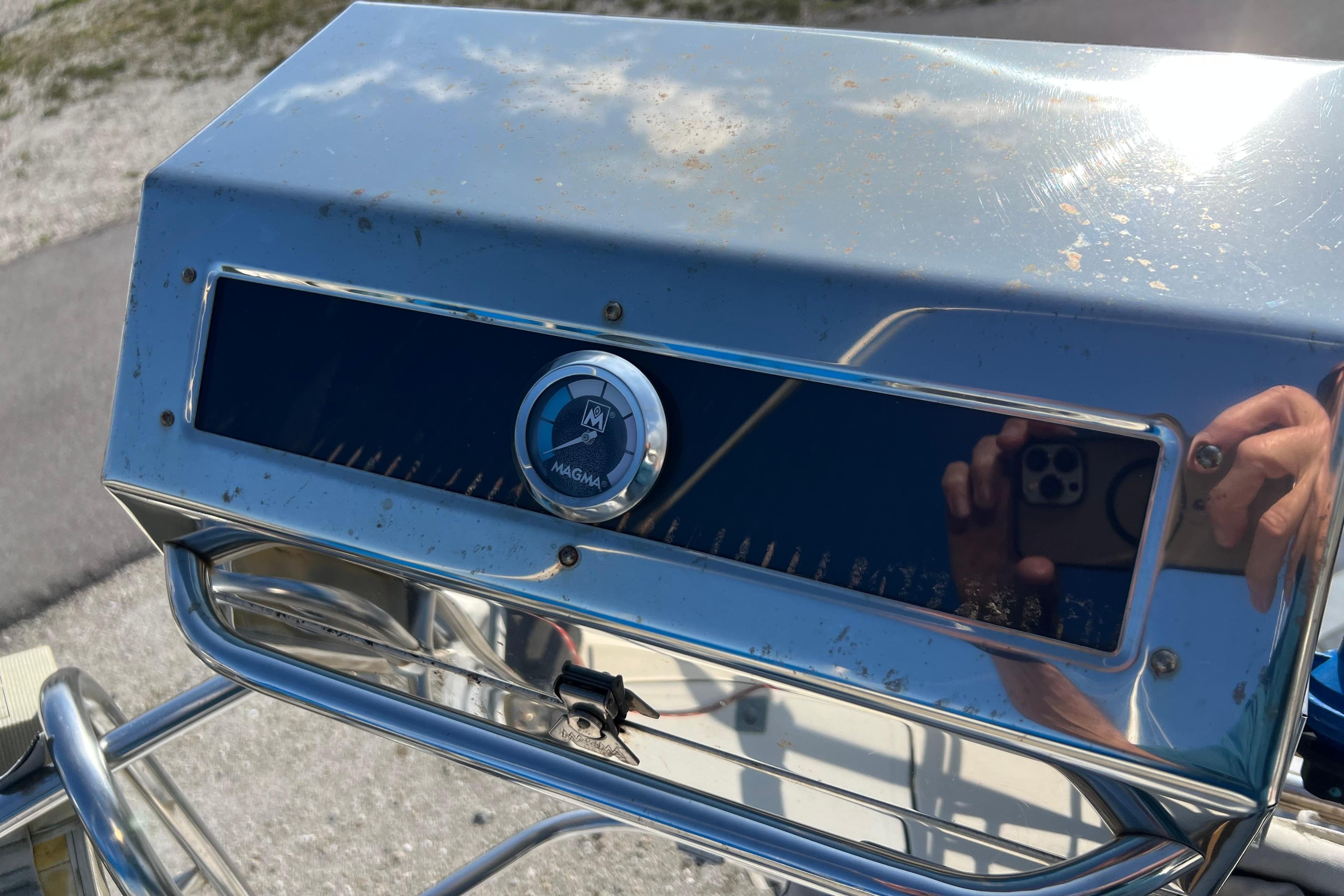 Stainless steel Magma grill on a 1977 Gulfstar 43 yacht.