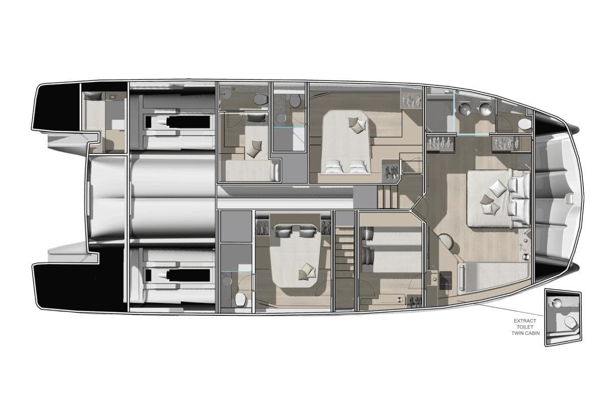 Manufacturer Provided Image: Floor plan of the 2026 Prestige M7 yacht, showcasing luxurious cabin layout.
